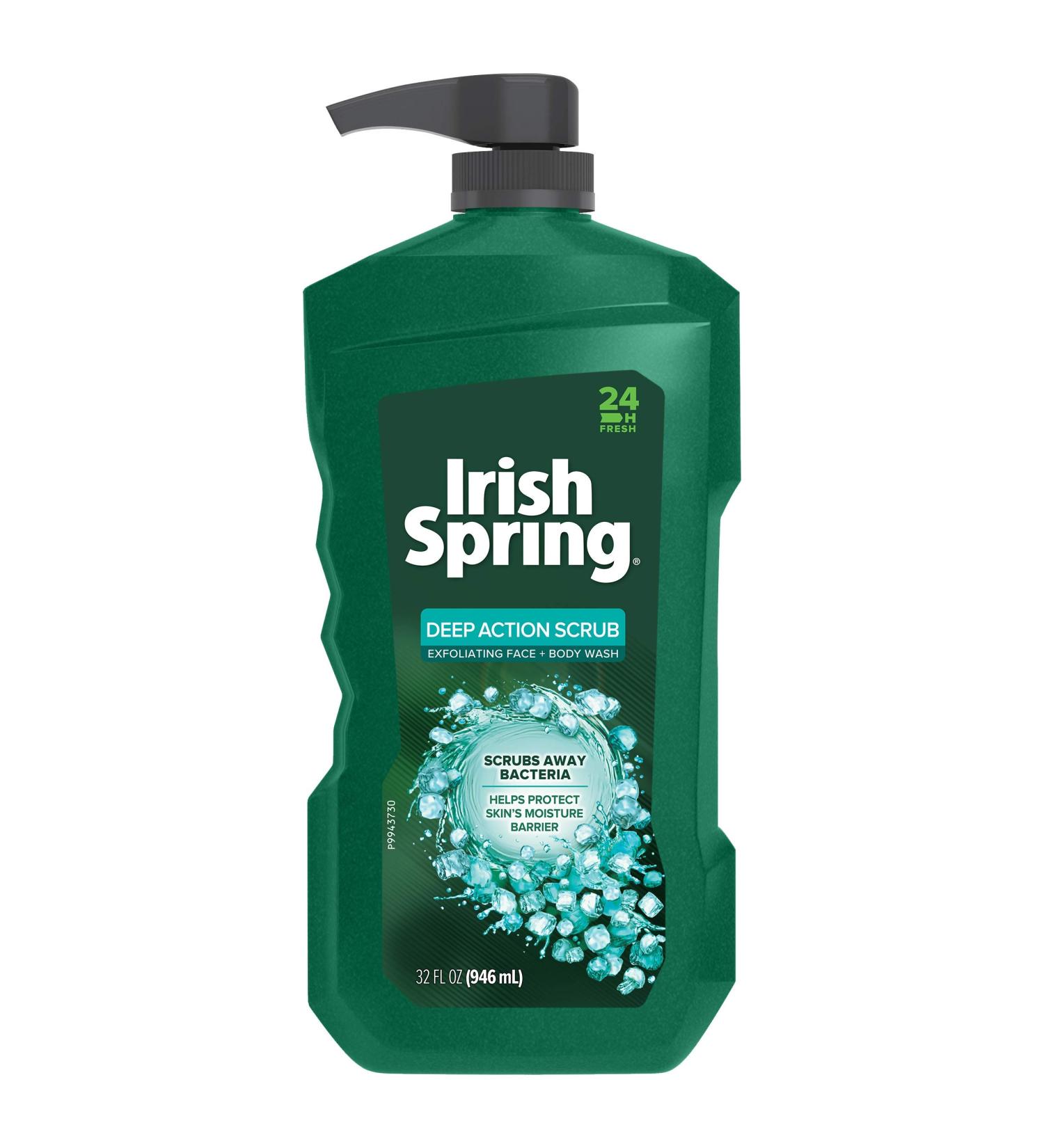 Irish Spring Deep Action Scrub Men's Face & Body Wash  Exfoliating Body Wash Scrubs Away Bacteria - 32 fluid ounce. Pump