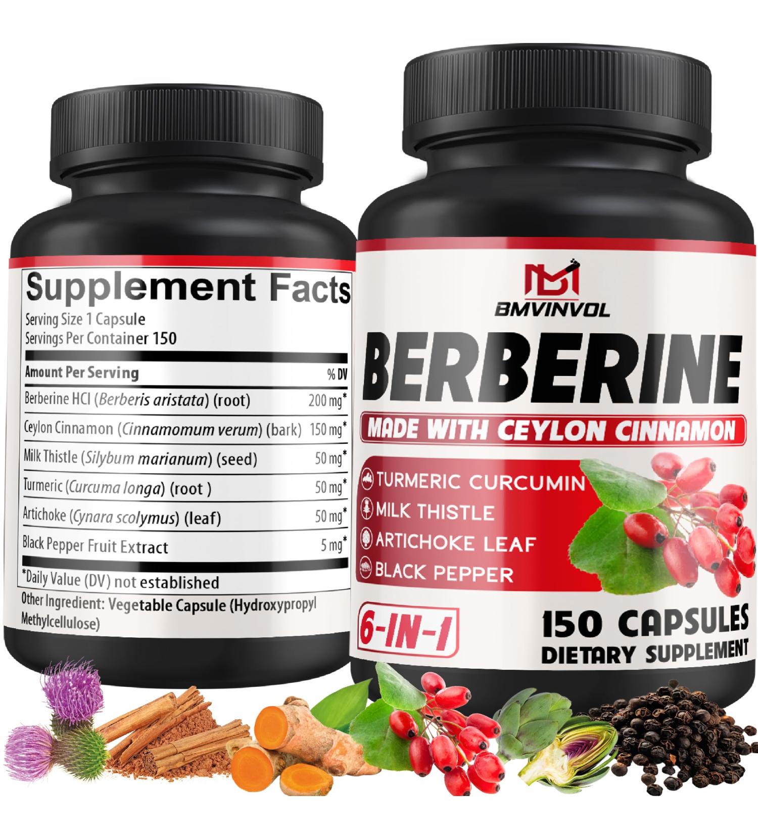 Berberine HCl 150 Capsules - Plus Ceylon Cinnamon Turmeric Milk Thistle Artichoke Black Pepper Berberine HCI Root Supplements Pills - Immune System - Buy Online on GoSupps.com