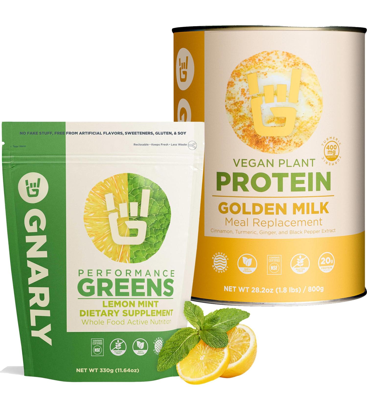 Golden Milk Vegan Protein Powder and Gnarly Performance Greens Lemon Mint (11.64 oz) - Buy Online on GoSupps.com