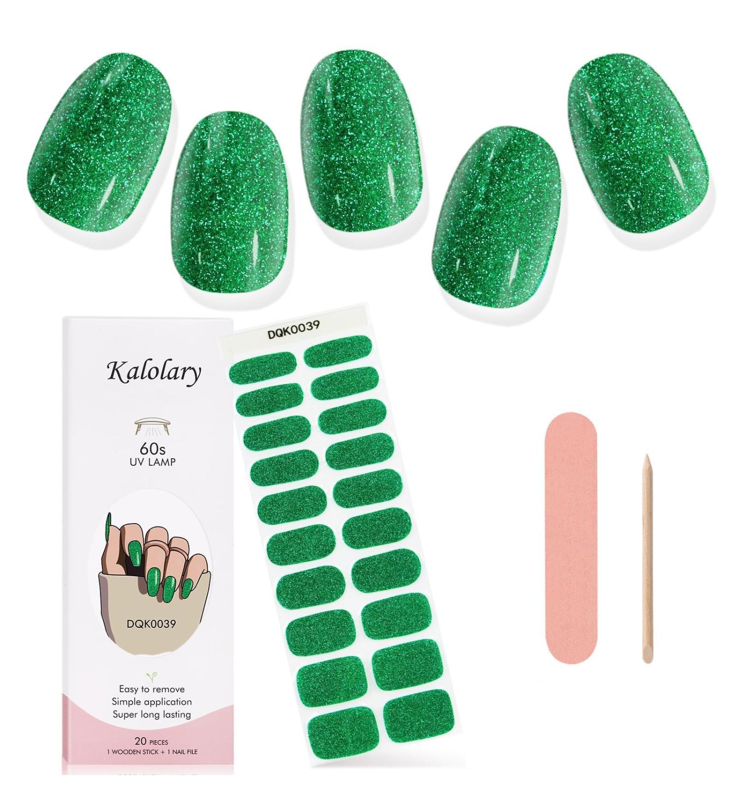 Kalolary Gel Nail Polish Strips Semi Cured Nail Gel Art Sticker Waterproof Full Nail Wraps Decal Sets with Nail File and Stick for Women Girls Nail Art Decor (UV/LED Lamp Required) (Shiny Green) - Buy Online on GoSupps.com
