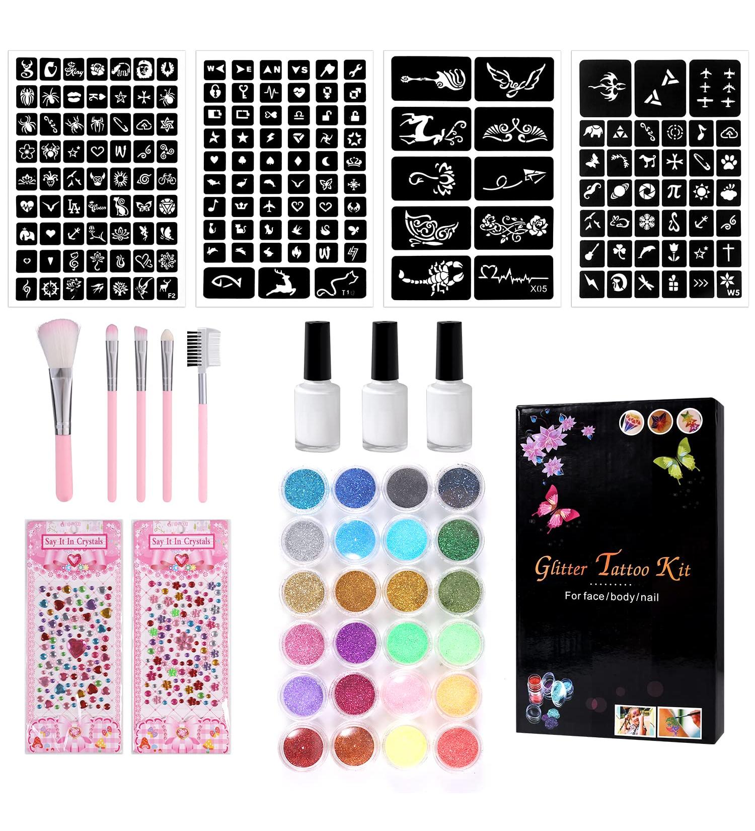 Glitter Tattoo Kit for Kids - 24 Colors, 187 Stencils, 5 Brushes - DIY Arts for Parties & Festivals - Buy Online on GoSupps.com