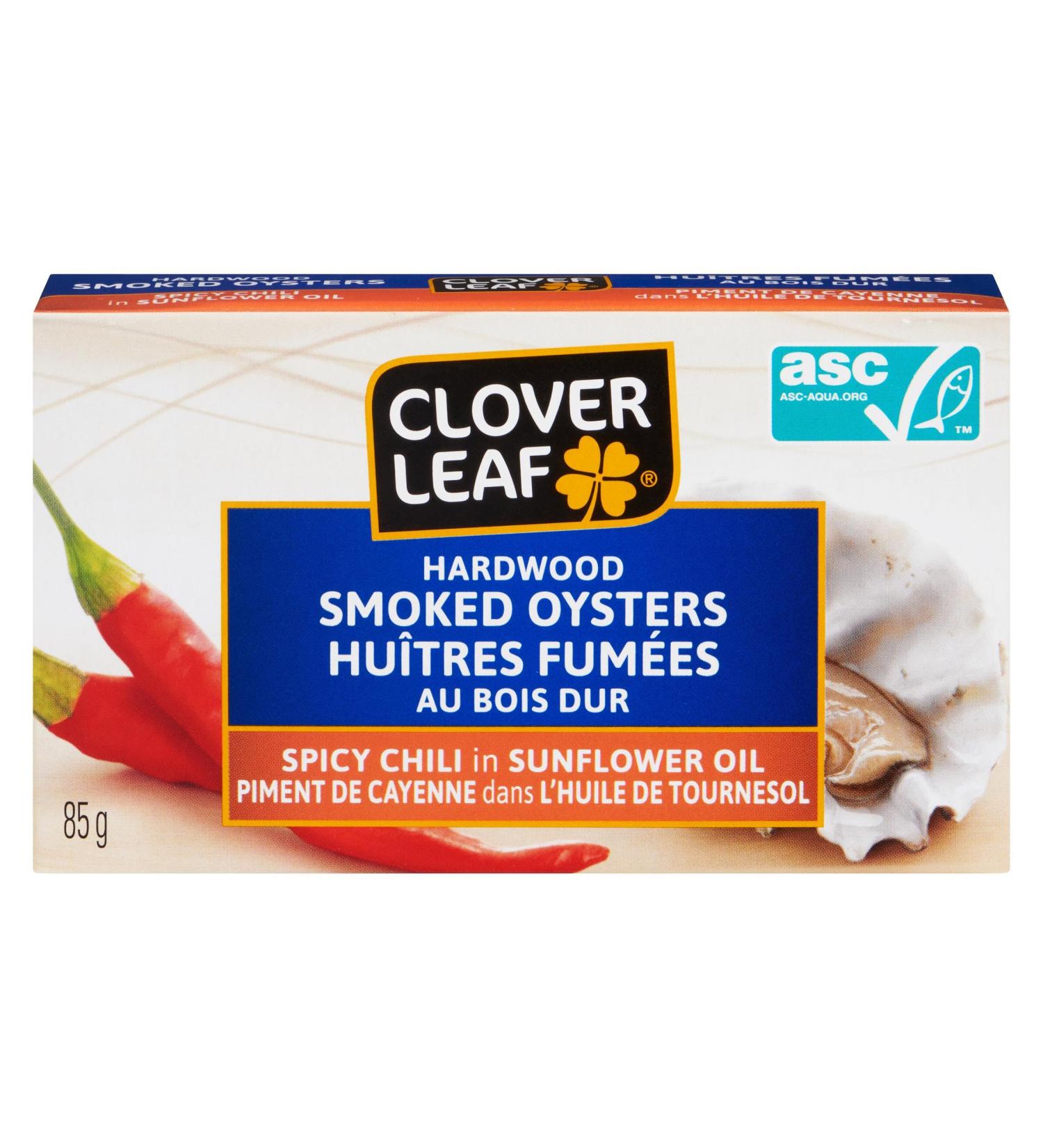 Clover Leaf Smoked Oysters Spicy Chili in Sunflower Oil - 85g 24 Count - Canned Oysters - High in Protein - 13g of Protein Per 65g Serving Drained - Excellent Source of Iron - Hardwood Smoked 85 g (Pack of 24) - Buy Online on GoSupps.com