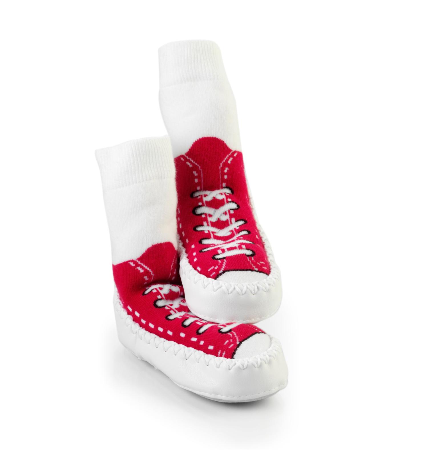 Mocc Ons moccasin washable leather sole slipper socks (6-12 Months Sneaker Red) 6-12 Months Sneaker Red