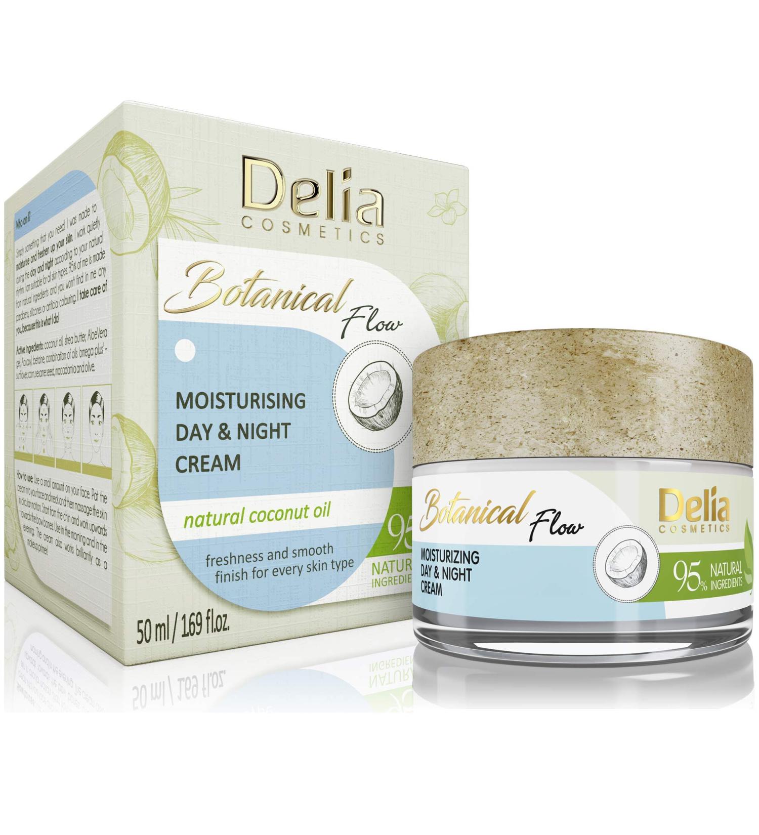 Delia Cosmetics - Botanical Flow Face Cream - Moisturizing - Natural Ingredients: Cocnut Oil Shea Butter Aloe Vera Gel Oils - Day & Night - All Skin Types - 50ml White
