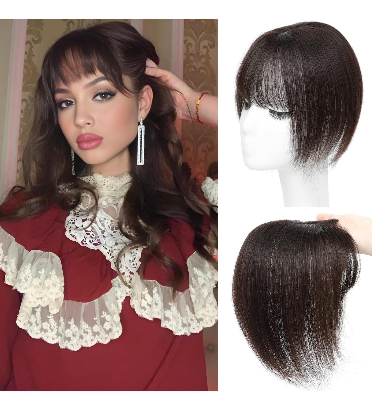 Amchoice Real Human Hair Toppers for Women - 360 3D Bangs Clip-in Wigs | Dark Brown Wispy Bangs (5x9) for Daily Use - Buy Online on GoSupps.com