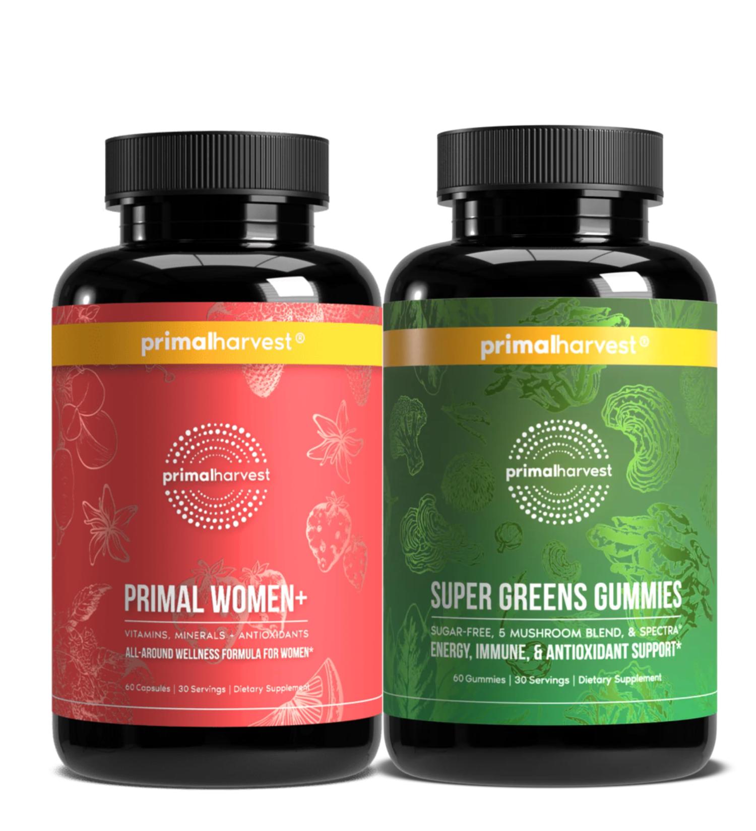 Primal Harvest Supergreens Gummies + Women+ | 2-Pack Bundle | 16 Superfoods + Botanicals Vitamins & Minerals for Women | Gummies & Capsules | Food Supplement | 30 Servings Each - Buy Online on GoSupps.com
