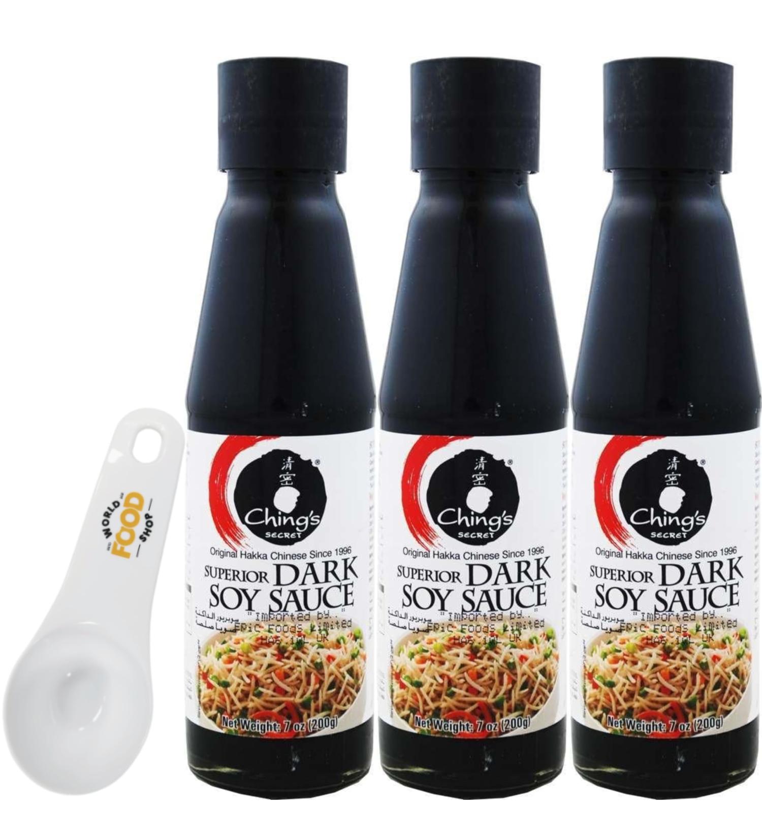Ching's Secret Dark Soy Sauce 210g Pack of 3 with World Food Shop Scoop - Asian Flavour Trio Rich and Savoury Condiment Gourmet Cooking Essential - Buy Online on GoSupps.com