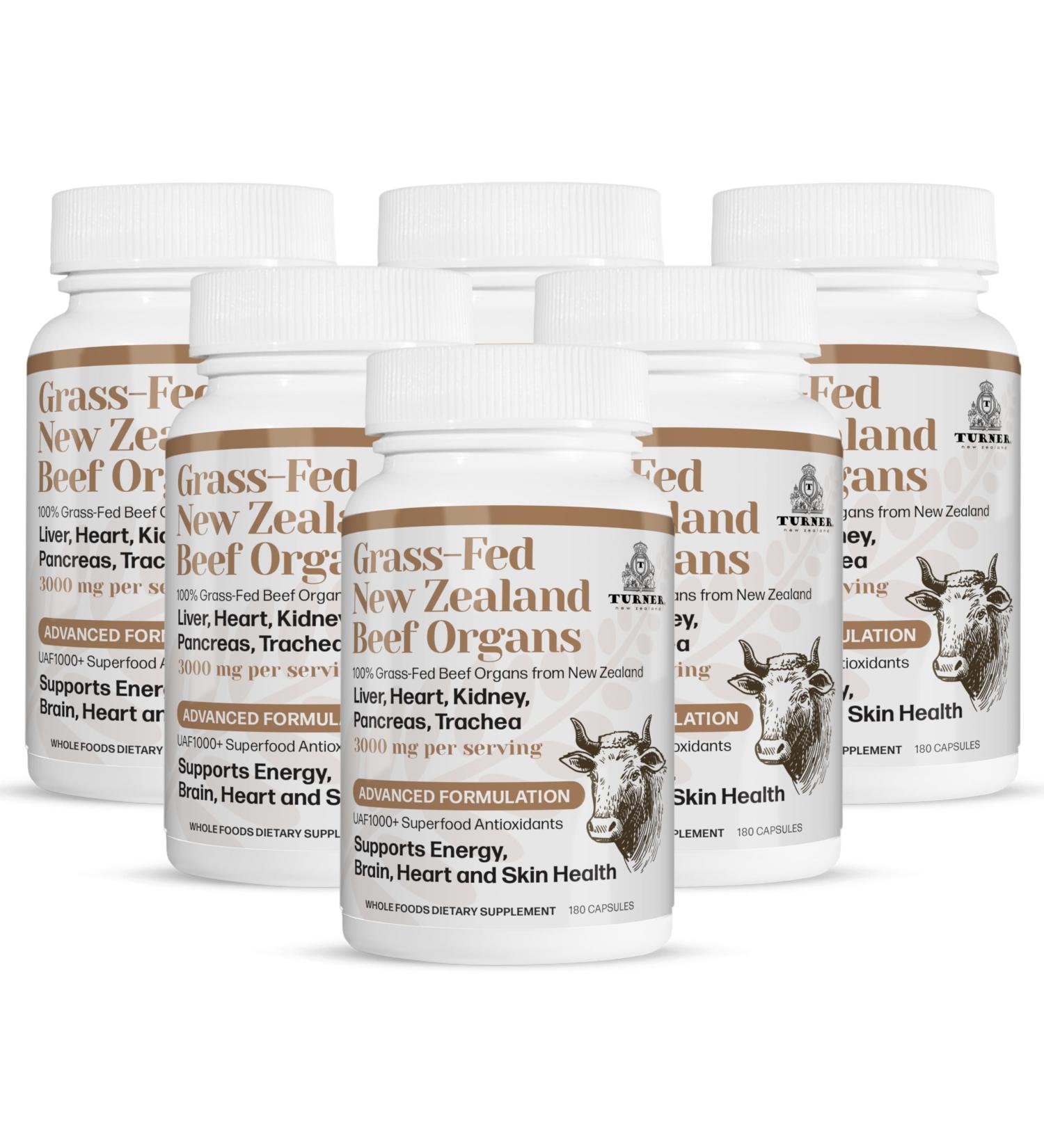 TURNER New Zealand 100% Live-Grass-Fed Beef Organs Complex Supports Whole Body Wellness and Energy with a Powerful Blend of Liver Heart Kidney Pancreas & Trachea Non-GMO 3000mg 1080 Capsules