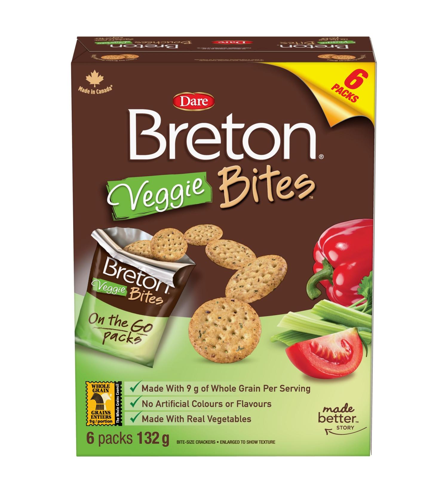 Breton Veggie Bites Snack Pack Crackers - Light Crispy and Bite-sized Snack Crackers made with 9g of Whole Grains and Real Vegetables 132g (6 Packs) - Buy Online on GoSupps.com
