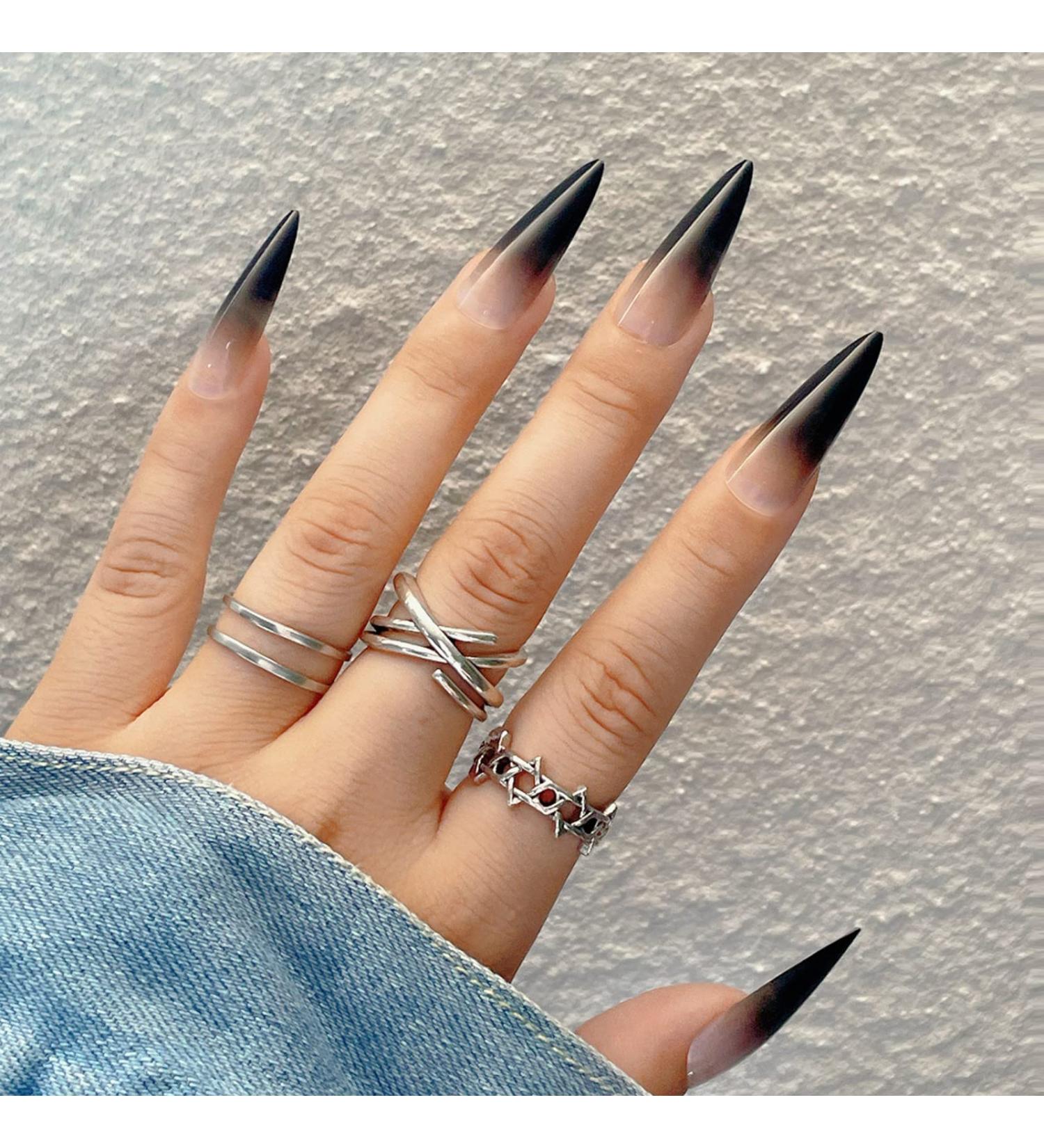 Justotry 24 Pieces Black Stiletto Nails - Gradient French Press On Almond Fake Nails for Women | Perfect for Nail Art - Buy Online on GoSupps.com