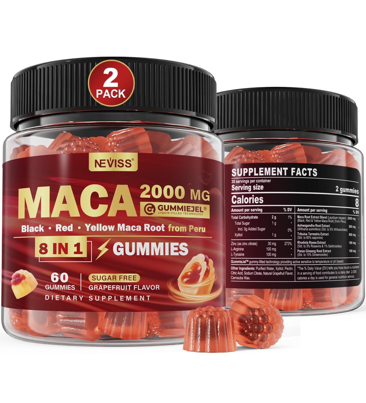 2 Pack Sugar Free Maca Root Gummies 2000mg with Ashwagandha, Tribulus Terrestris, Rhodiola, Panax Ginseng, L Arginine & L Tyrosine - Organic Black Red Yellow Maca Root for Women Men Energy Support 120 Count (Pack of 2) - Buy Online on GoSupps.com
