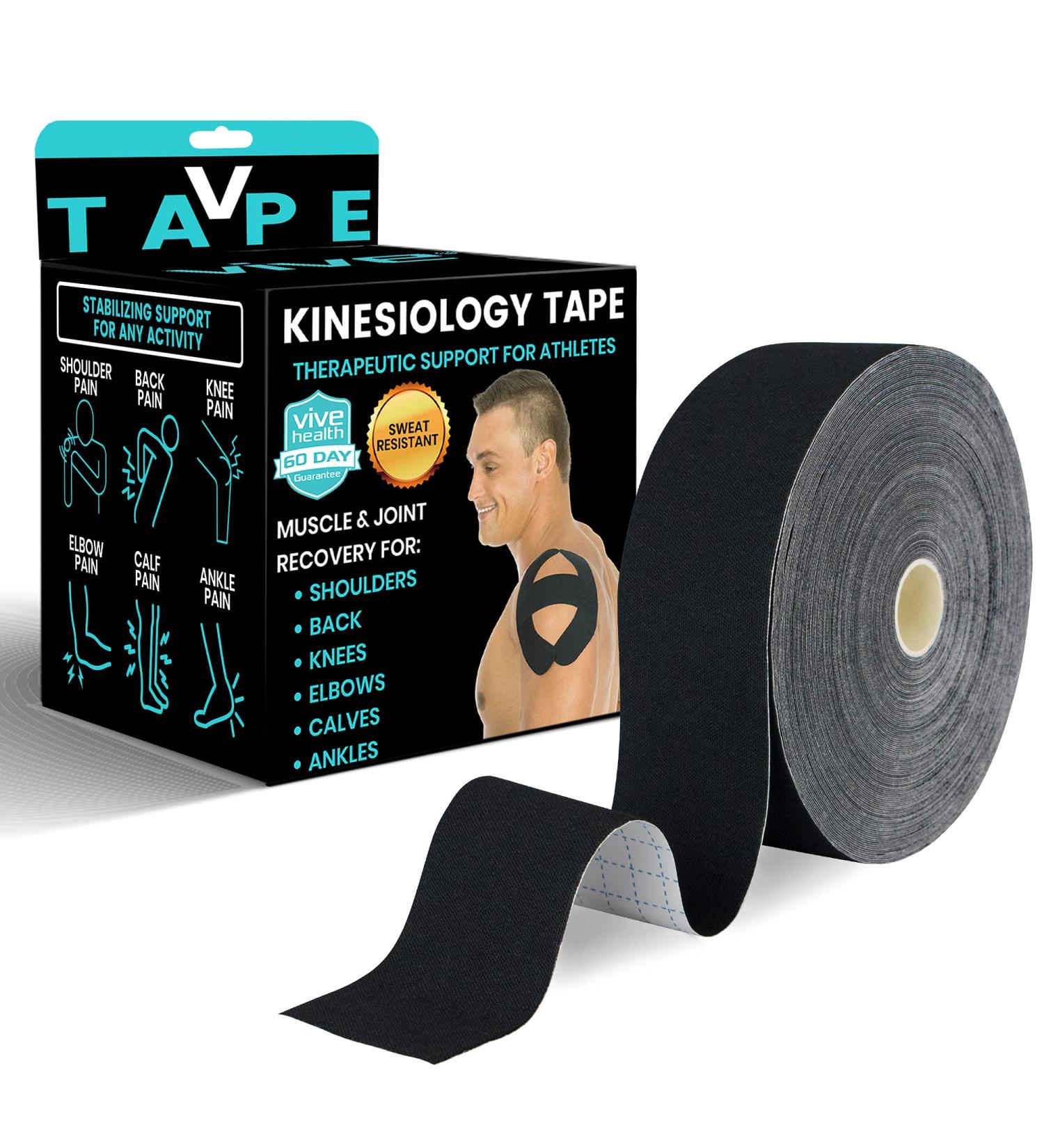 Vive Kinesiology Tape (105 Feet) - Therapeutic Support Tape for Muscle and Joint Recovery - Waterproof Sports Tape - Black 2 x 105 - Buy Online on GoSupps.com