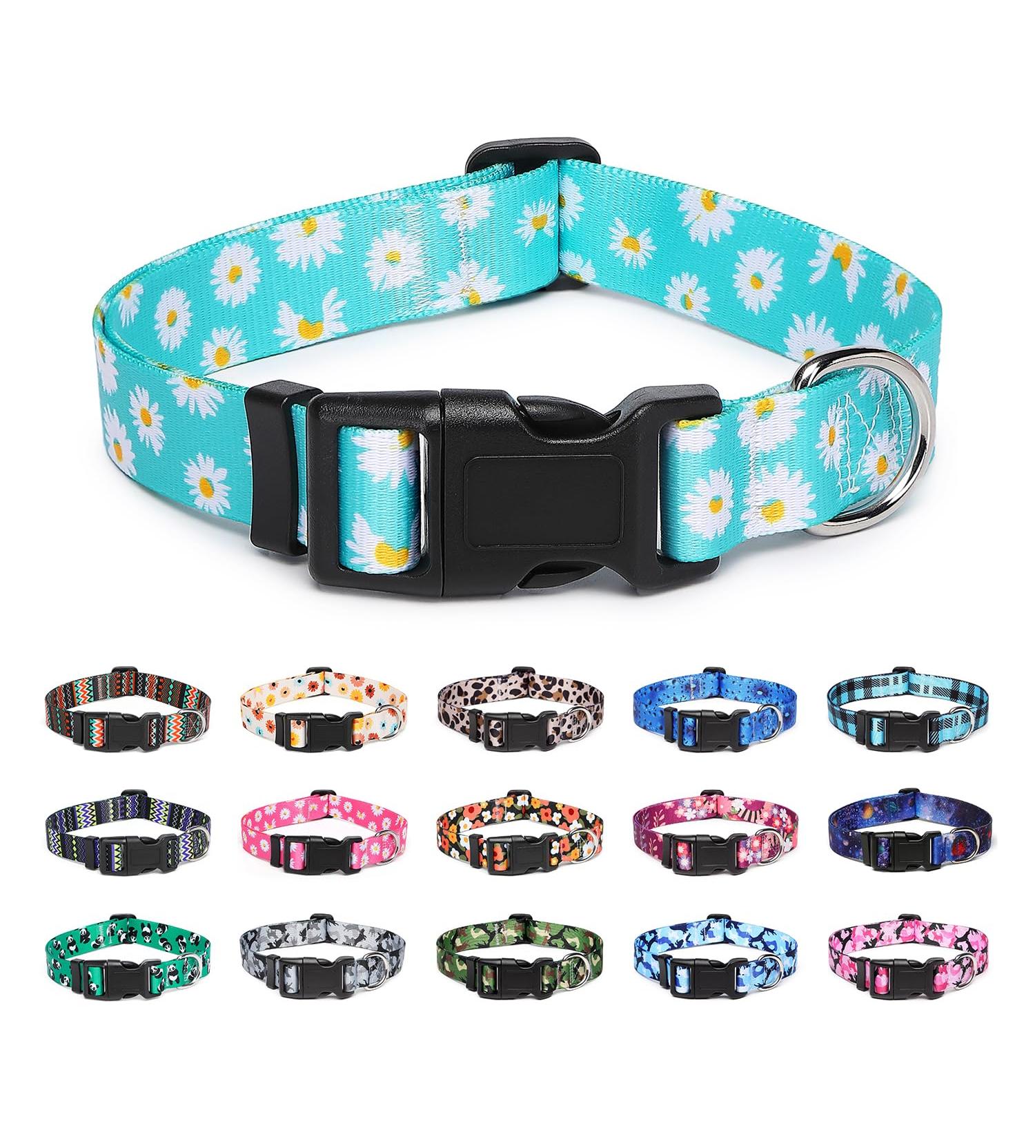 Suredoo Adjustable Dog Collar - Soft & Comfortable Nylon for Small to Medium Dogs | Blue Daisy Design (M: Neck 33-55 cm 2 cm Width) - Buy Online on GoSupps.com