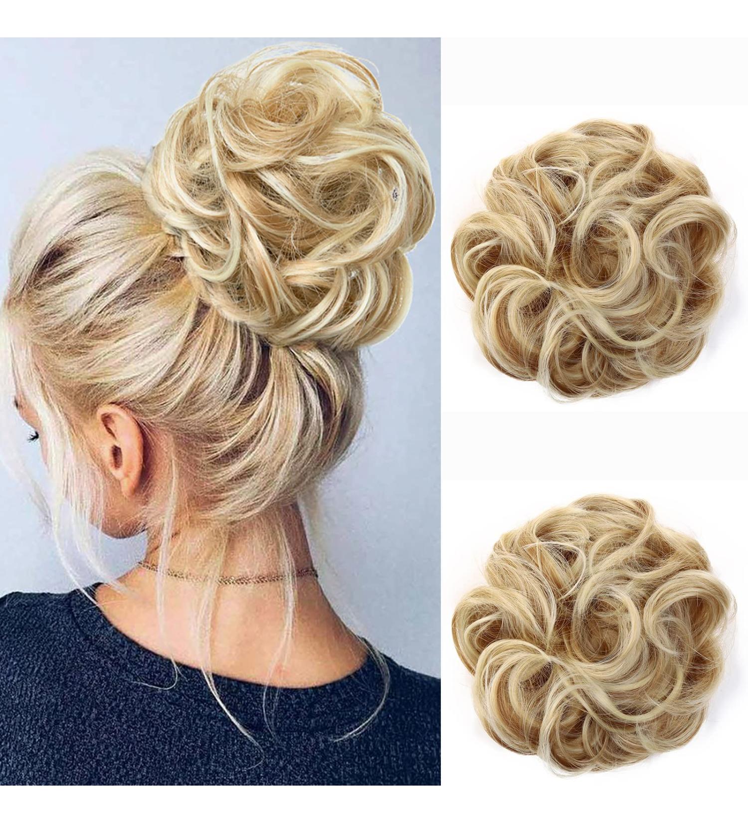 JJstar 2PCS Curly Messy Bun Donut Hair Piece Set | High Heat Resistant Synthetic Fiber Scrunchies for Women | Dark Blonde/ Beach Blonde - Buy Online on GoSupps.com