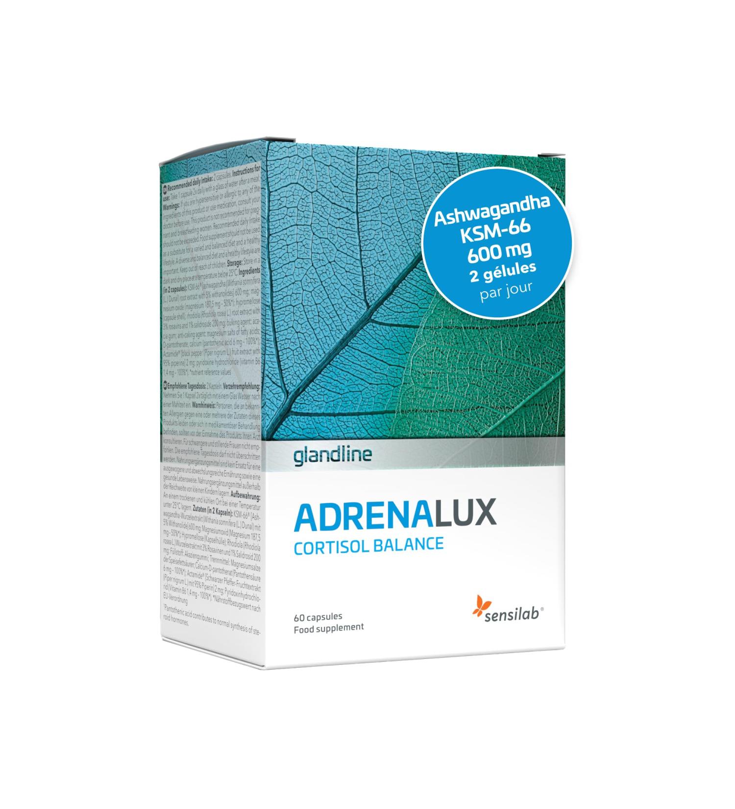 Cortisol - Ashwagandha et Rhodiola Rosea - Magnesium Piperina et Vitamine B6-60 G lules - Adrenalux Sensilab Adrenalux 1x - Buy Online on GoSupps.com