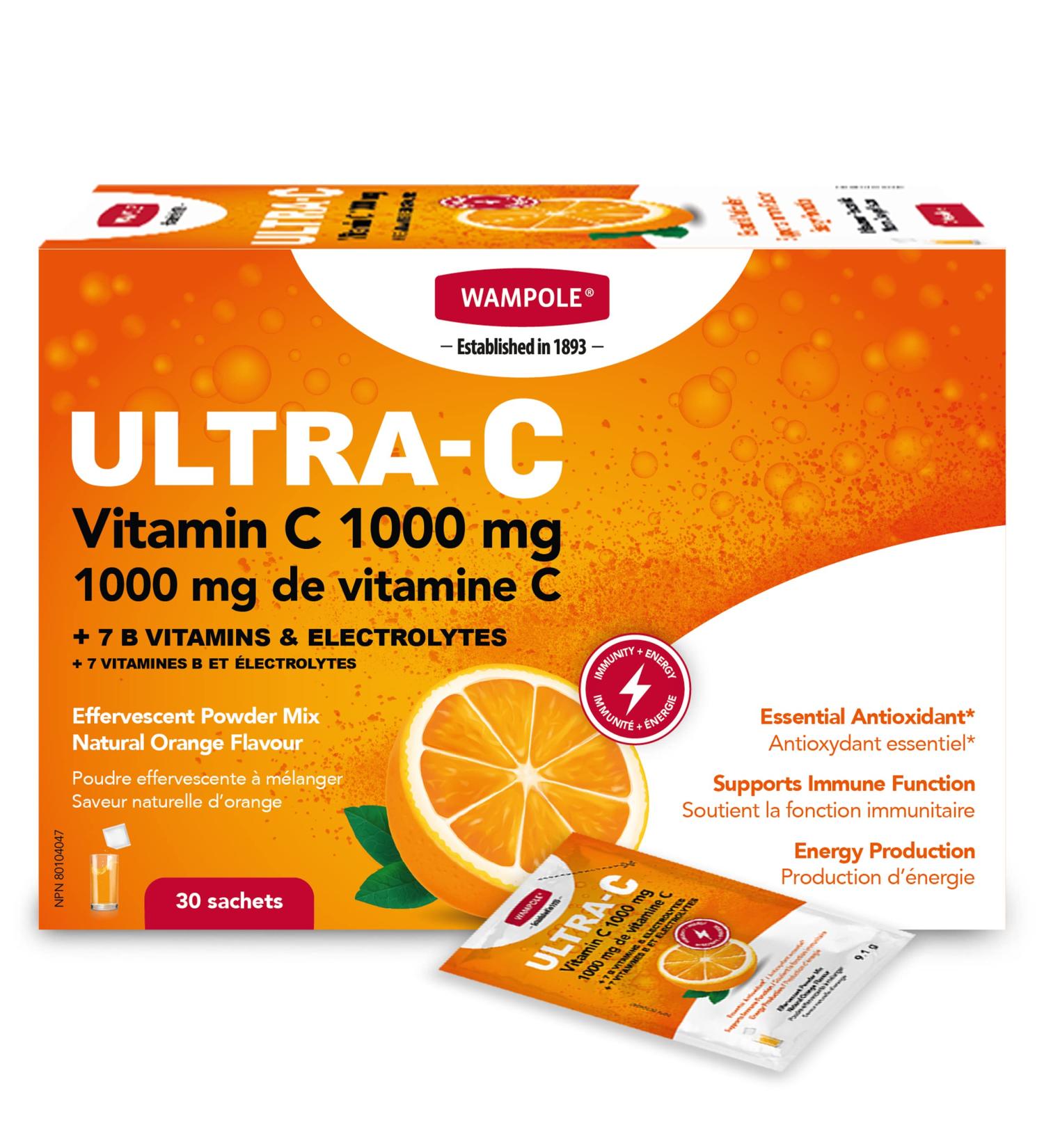 Wampole Ultra-C 1000 mg of Vitamin C + B Vitamins & Electrolytes Effervescent Powder Mix Immunity Energy and Hydration (1 Pack) - Buy Online on GoSupps.com
