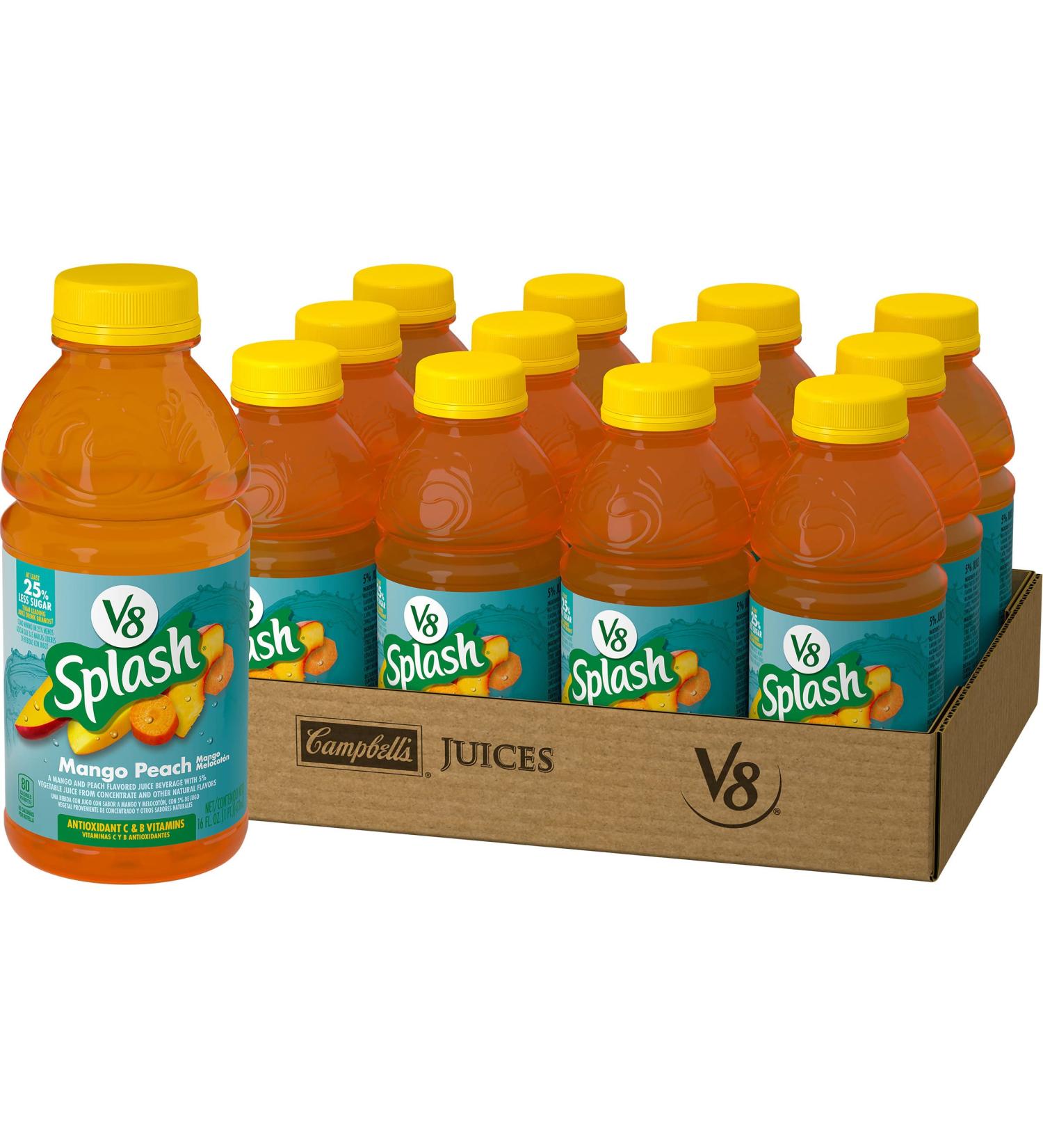 V8 Splash Mango Peach Juice Beverage 16oz Bottle (12 Pack) - Refreshing Fruit Drink - Buy Online on GoSupps.com