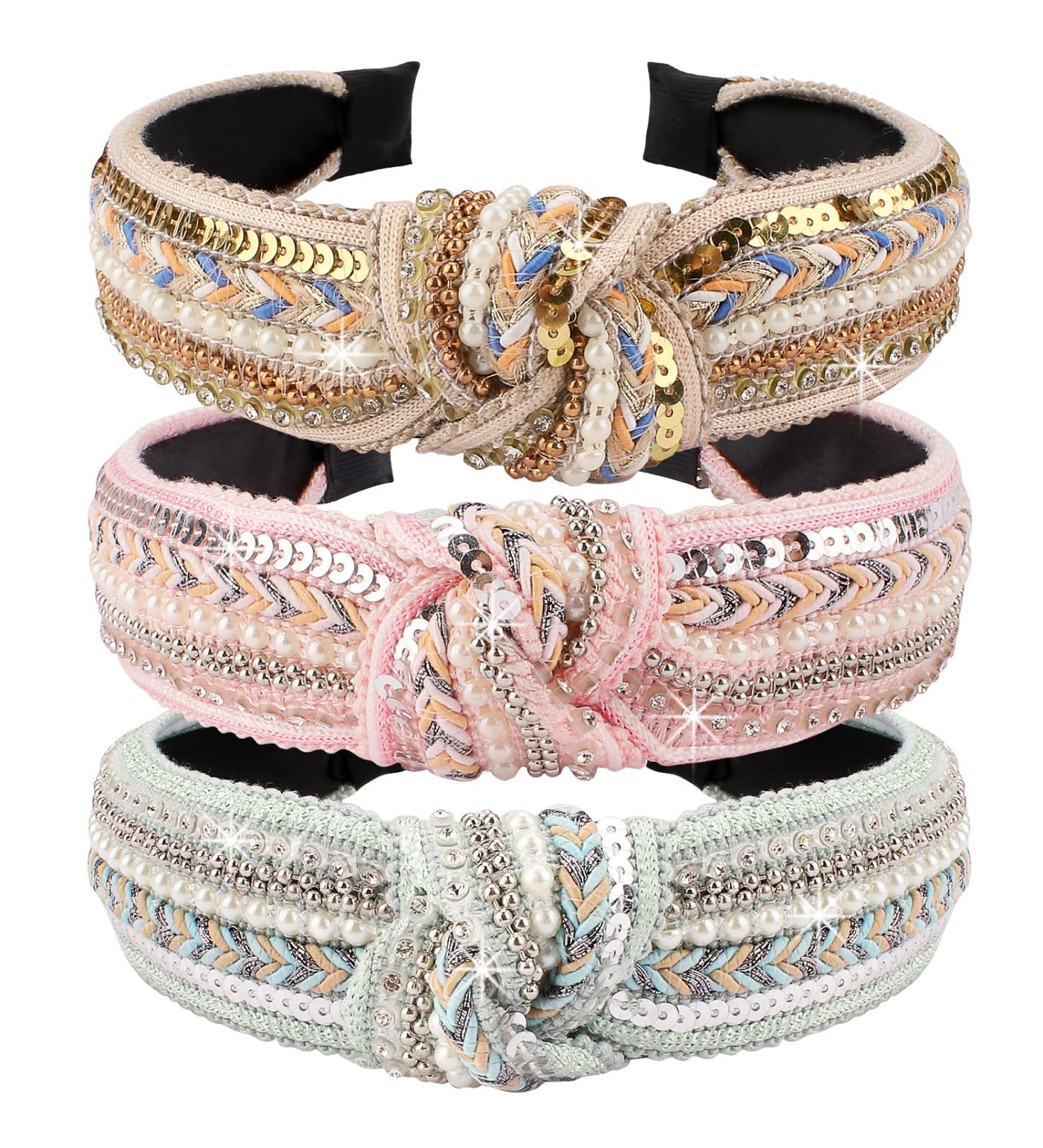TOBATOBA 3 Pack Rhinestone Pearl Beaded Knotted Headbands for Women - Boho Style Wide Turban Headbands with Crystal Detailing - Non-Slip Diamond Beaded Hair Bands - Buy Online on GoSupps.com