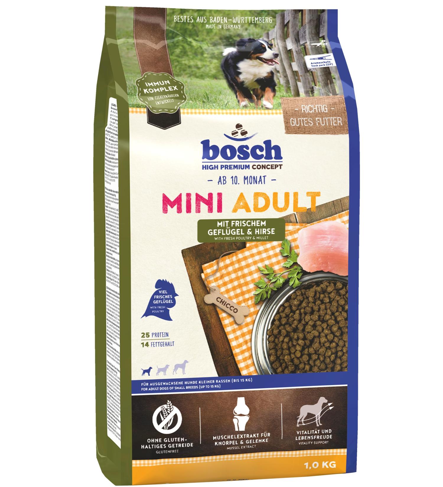 Bosch HPC Mini Adult Dog Food with Fresh Poultry & Millet - 1 kg Pack for Small Breeds (Up to 15 kg) | Premium Dry Dog Food - Buy Online on GoSupps.com