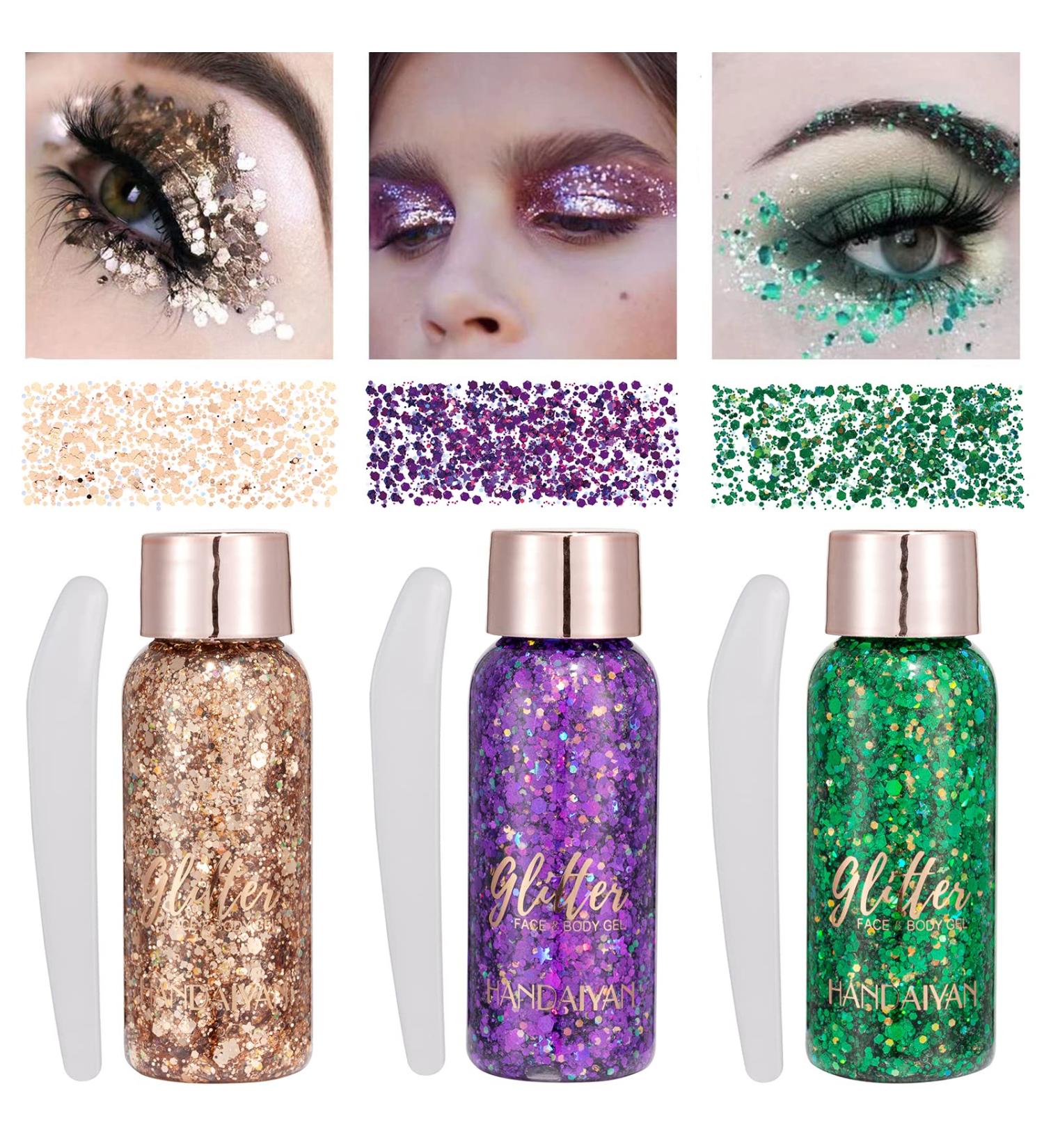 Grab the Best Body Glitter Gel | Festival Makeup with Brown Purple & Green Sequins | International Shipping Available - Buy Online on GoSupps.com