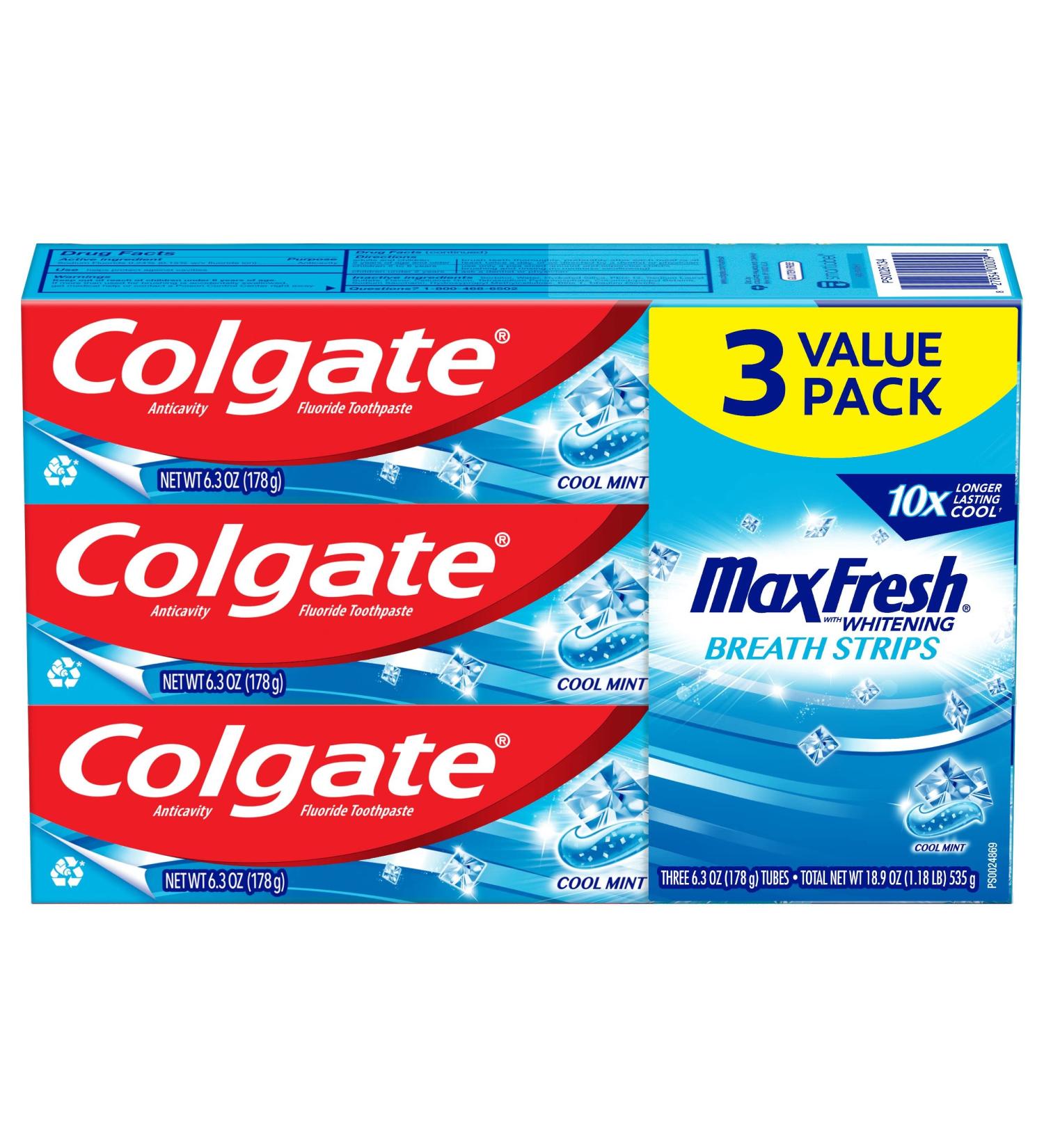 Colgate Max Fresh Whitening Toothpaste 6.3 Oz Tube, 3 Pack Cool Mint with Breath Strips - For Bad Breath - Buy Online on GoSupps.com
