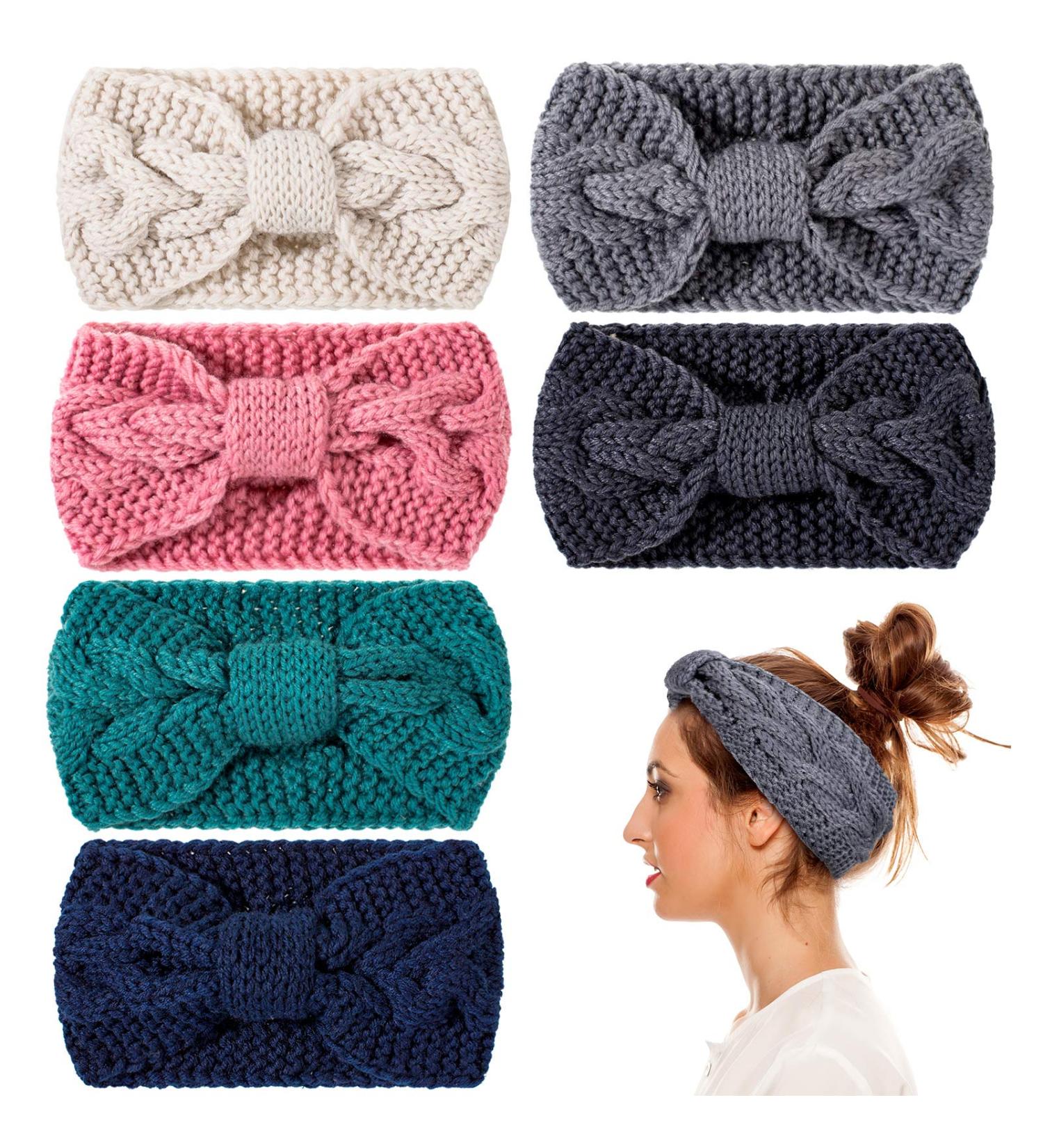 Whaline 6 Pieces Knit Headbands Winter Ear Warmers Twisted Elastic Turban Head Wraps with Bow Knot Hair Band Accessories Hair Scrunchies Scarves for Women Girls (Blue Pink Colors) - Buy Online on GoSupps.com