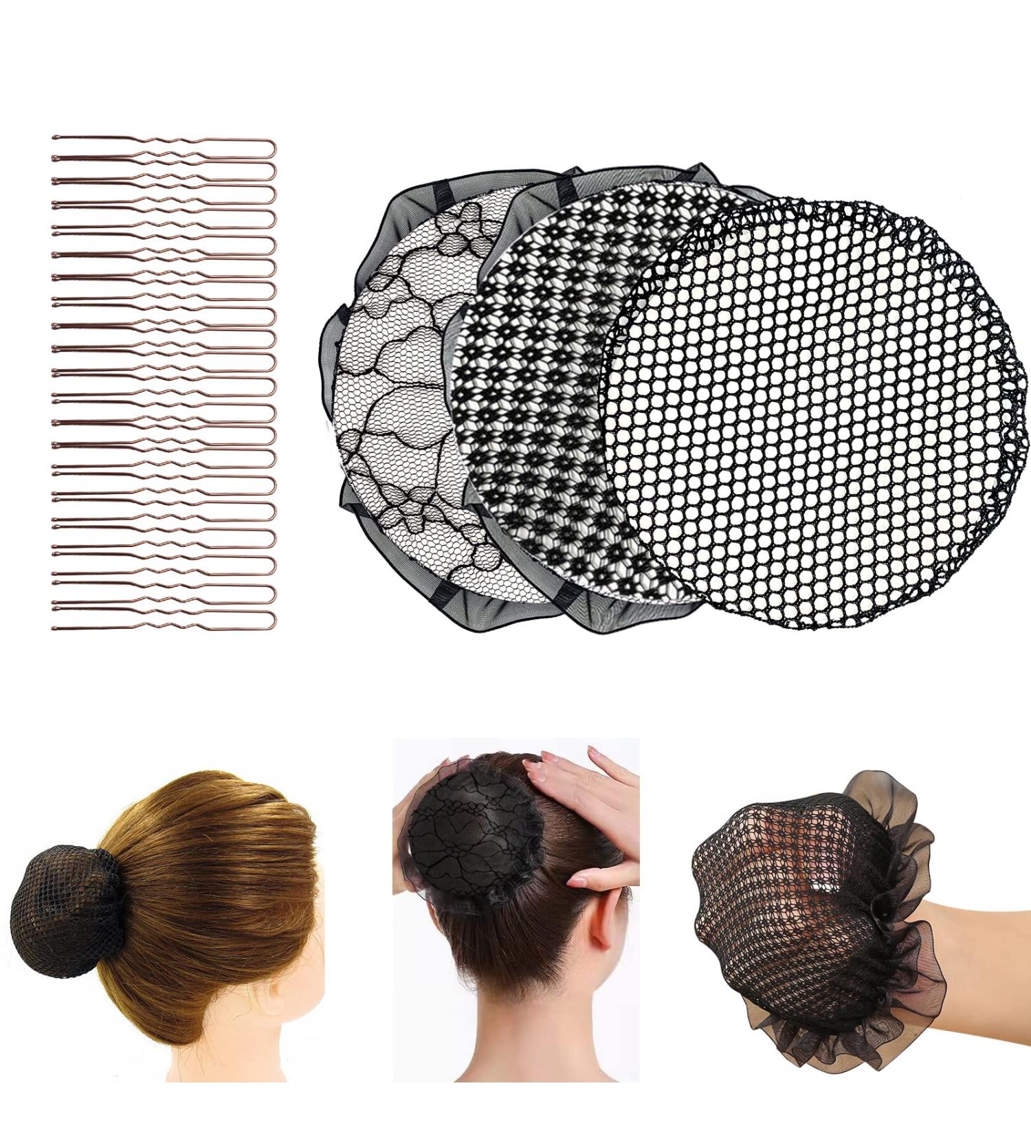 Shop Stylish Hair Network Bun - Mesh Hair Nets with Elastic Edge Reusable Includes 20 Golden Hairpins - Perfect Invisible Bun for Women (3 Pieces) - Buy Online on GoSupps.com