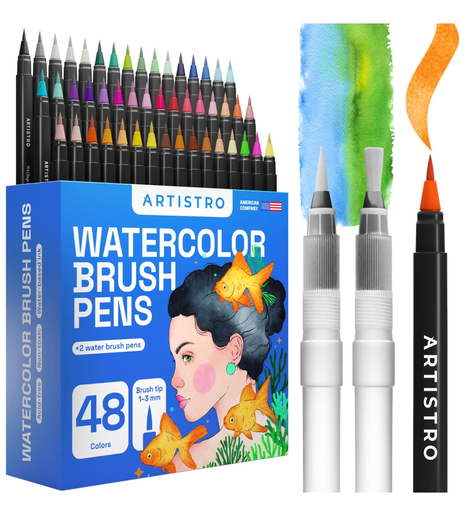 ARTISTRO Watercolor Brush Pens Set - 48 Vibrant Colors + 2 Water Brushes | Real Brush Tips for Artists, Adults, Illustrations, Calligraphy & Watercolor Effects - Buy Online on GoSupps.com