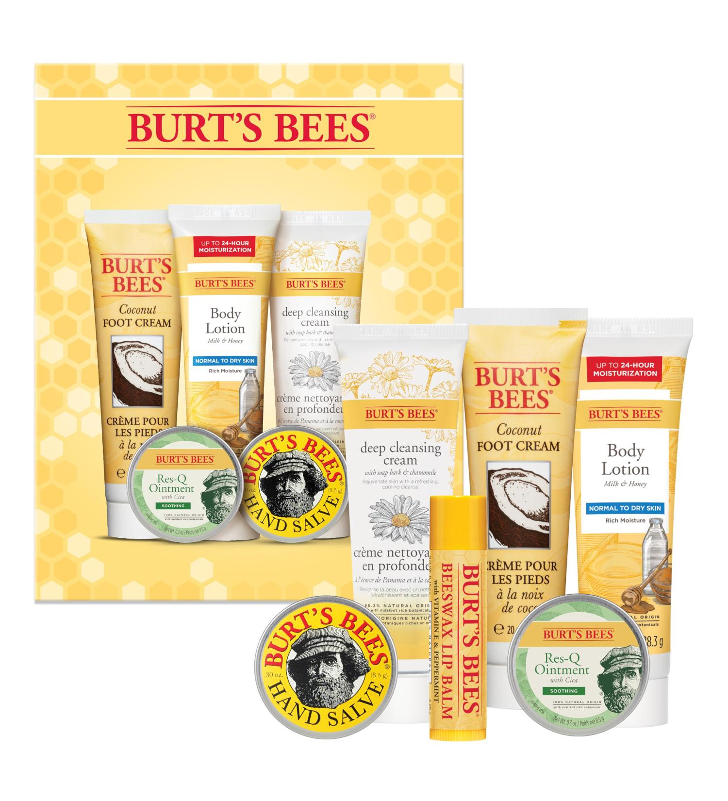 Burt's Bees Timeless Minis Kit With Coconut Foot Cream Milk and Honey Body Lotion Deep Cleansing Cream Res-Q Ointment Hand Salve and Beeswax Lip Balm Natural Origin Skin Care 1 Kit Timeless Minis Set 6 Count - Buy Online on GoSupps.com