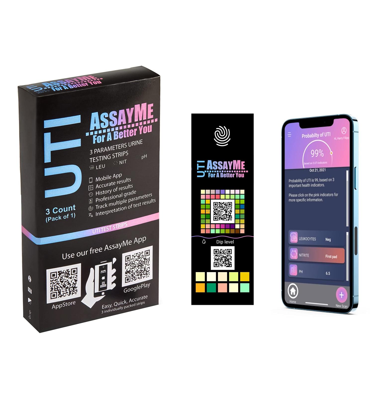 AssayMe UTI Urine Test Strips: Urinalysis Test for Infection - 3 Strips (LEU, NIT, pH) with Free App - Buy Online on GoSupps.com