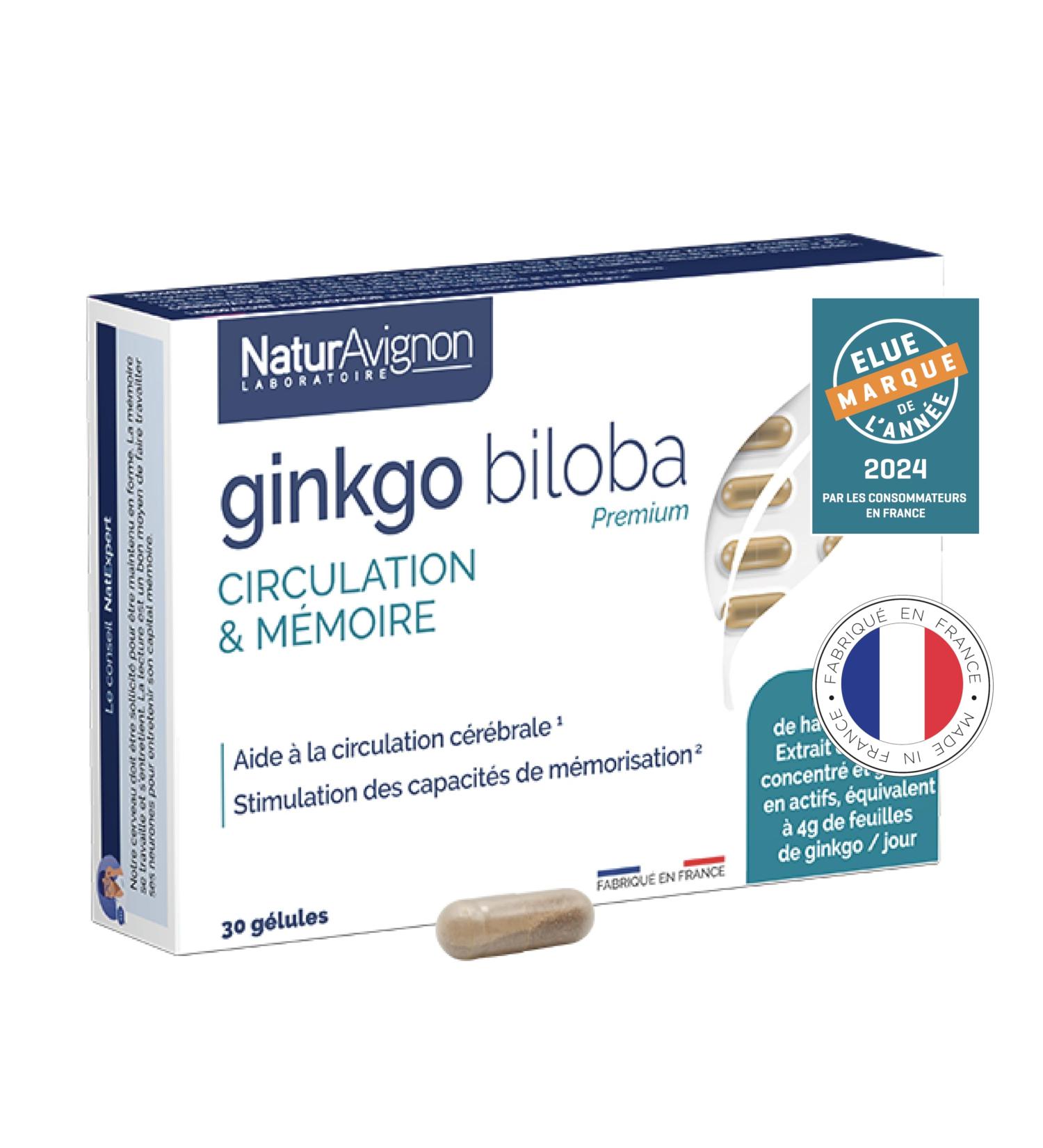 NaturAvignon Ginkgo Biloba Laboratory | Food Supplement Memory Booster Concentration & Blood Circulation | Concentrated Formula with Vitamin B5 | 1 Capsule/Day | Made in France - Buy Online on GoSupps.com