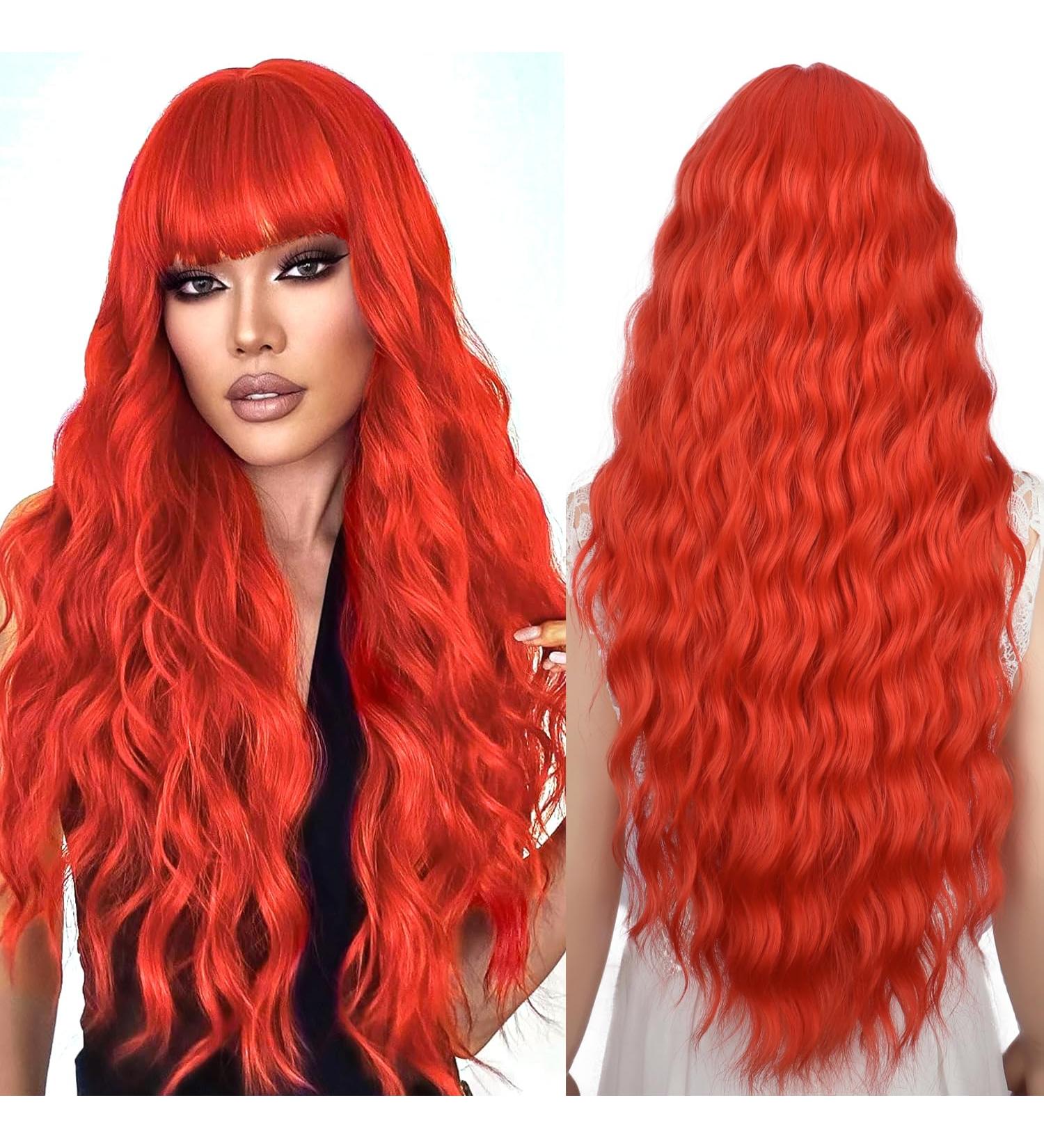 YEESHEDO Women's Long Wave Wig with Bangs - 28 Inches Natural Curly Wavy Synthetic Hair for Party, Cosplay, Halloween - Gold Red - Buy Online on GoSupps.com