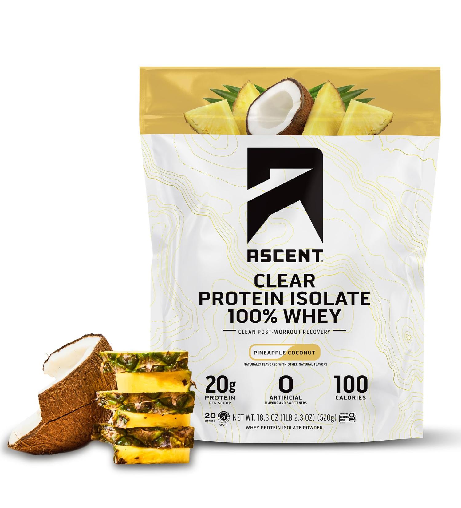 Ascent 100% Clear Whey Protein Powder - Post Workout Whey Protein Isolate Zero Artificial Flavors & Sweeteners Gluten Free 5.5g BCAA 2.1g Leucine Essential Amino Acids Pineapple Coconut 20 Serv Pinapple Coconut 18.3  - Buy Online on GoSupps.com