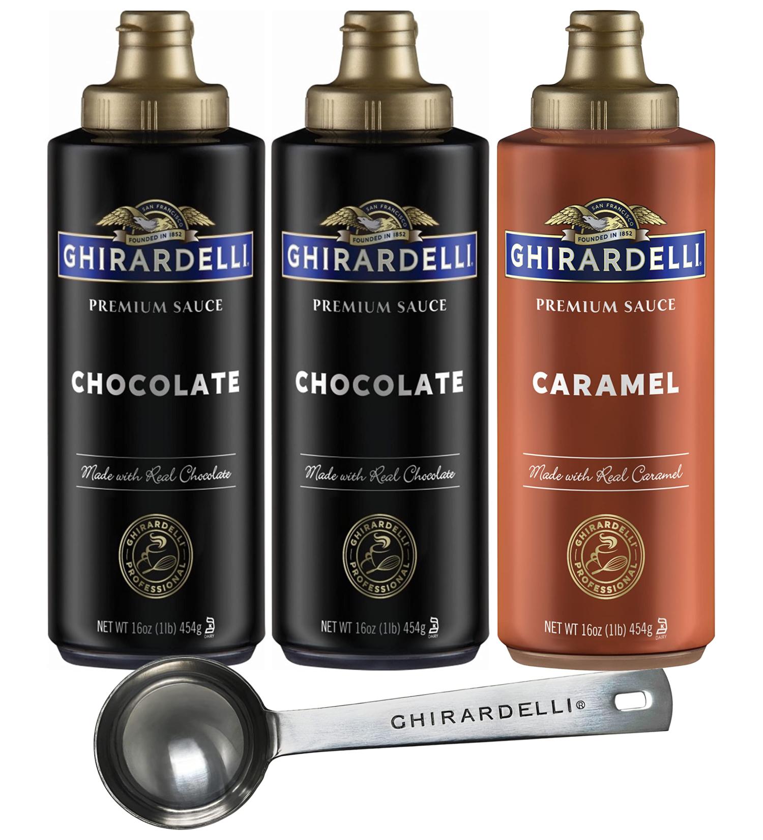 Ghirardelli Sauce Squeeze Bottles - 2 Chocolate, 1 Caramel (Pack of 3) with Barista Spoon - Buy Online on GoSupps.com