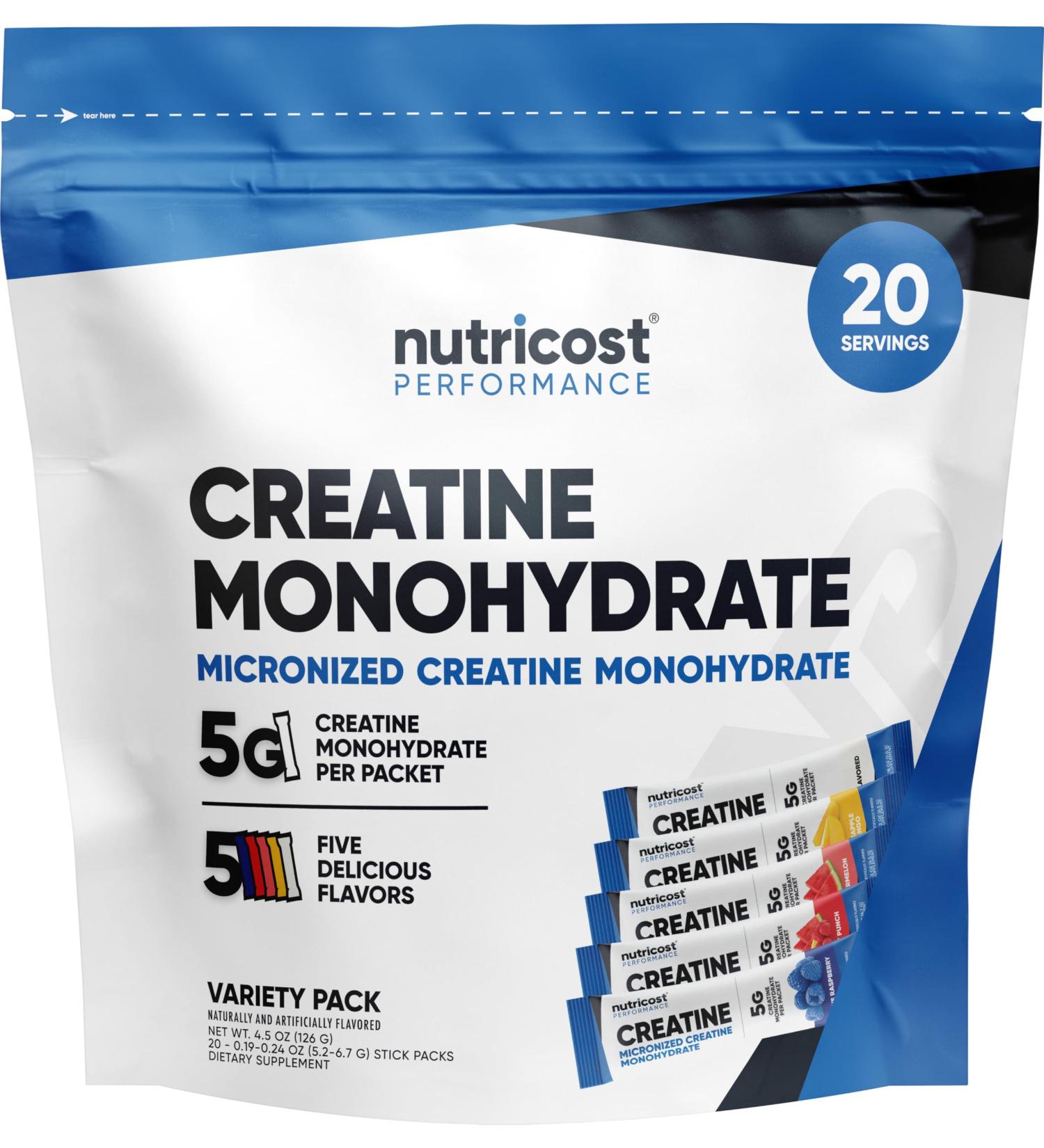Nutricost Creatine Monohydrate Powder Variety Stickpacks (5 Flavors 20 Servings) - Micronized 5 Grams of Creatine Monohydrate Per Pack - Buy Online on GoSupps.com