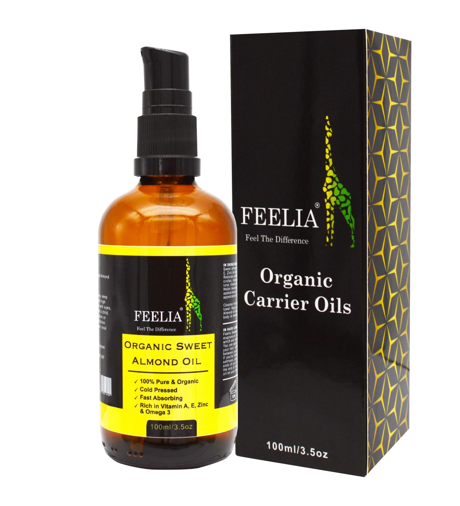 Feelia Organic Sweet Almond Oil - 100% Pure Cold Pressed Rich in Vitamins A & E Zinc Omega 3 - Fast Absorption for Healthy Skin - Buy Online on GoSupps.com