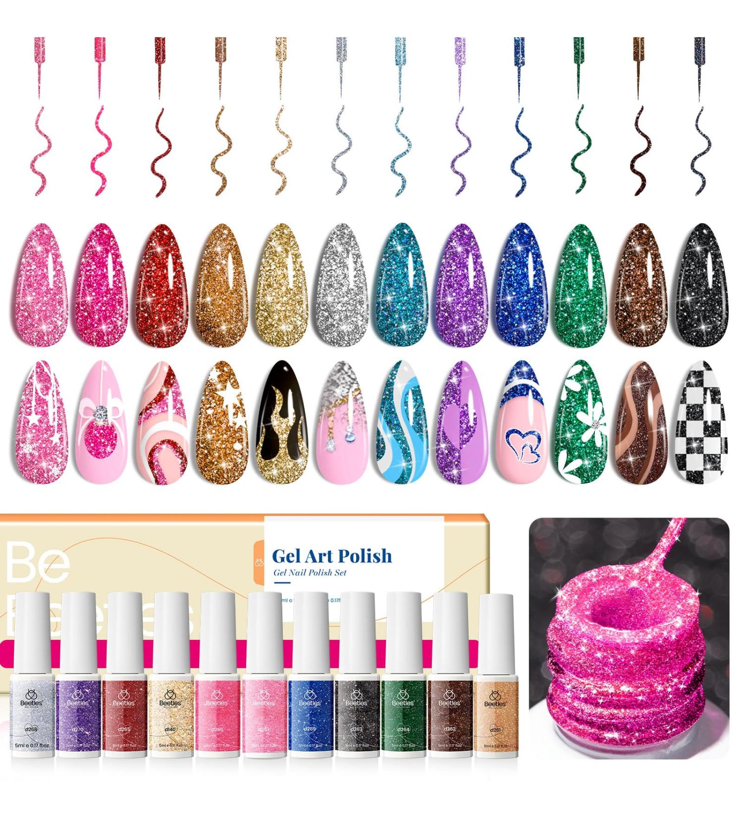 Beetles Nail Art Gel Liner Polish - 12 Reflective Glitter Colors | UV Soak Off Gel Kit for Spring Manicure Gifts - Buy Online on GoSupps.com