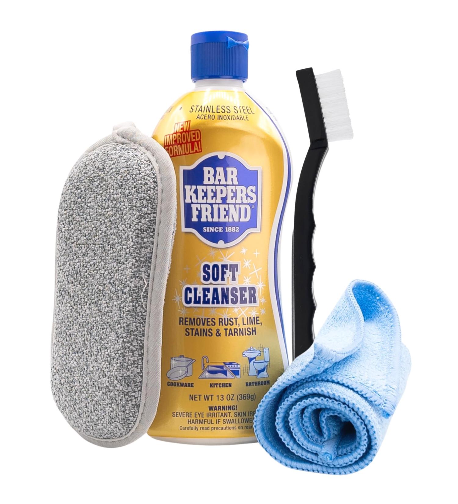 Buy Bar Keepers Friend Cleanser & Polish Liquid Kit - 13oz Stainless Steel Cleaner for Pots Pans & Cooktops | Includes Microfiber Towel Grout Brush & Scouring Pad - International Shipping Available - Buy Online on GoSupps.com
