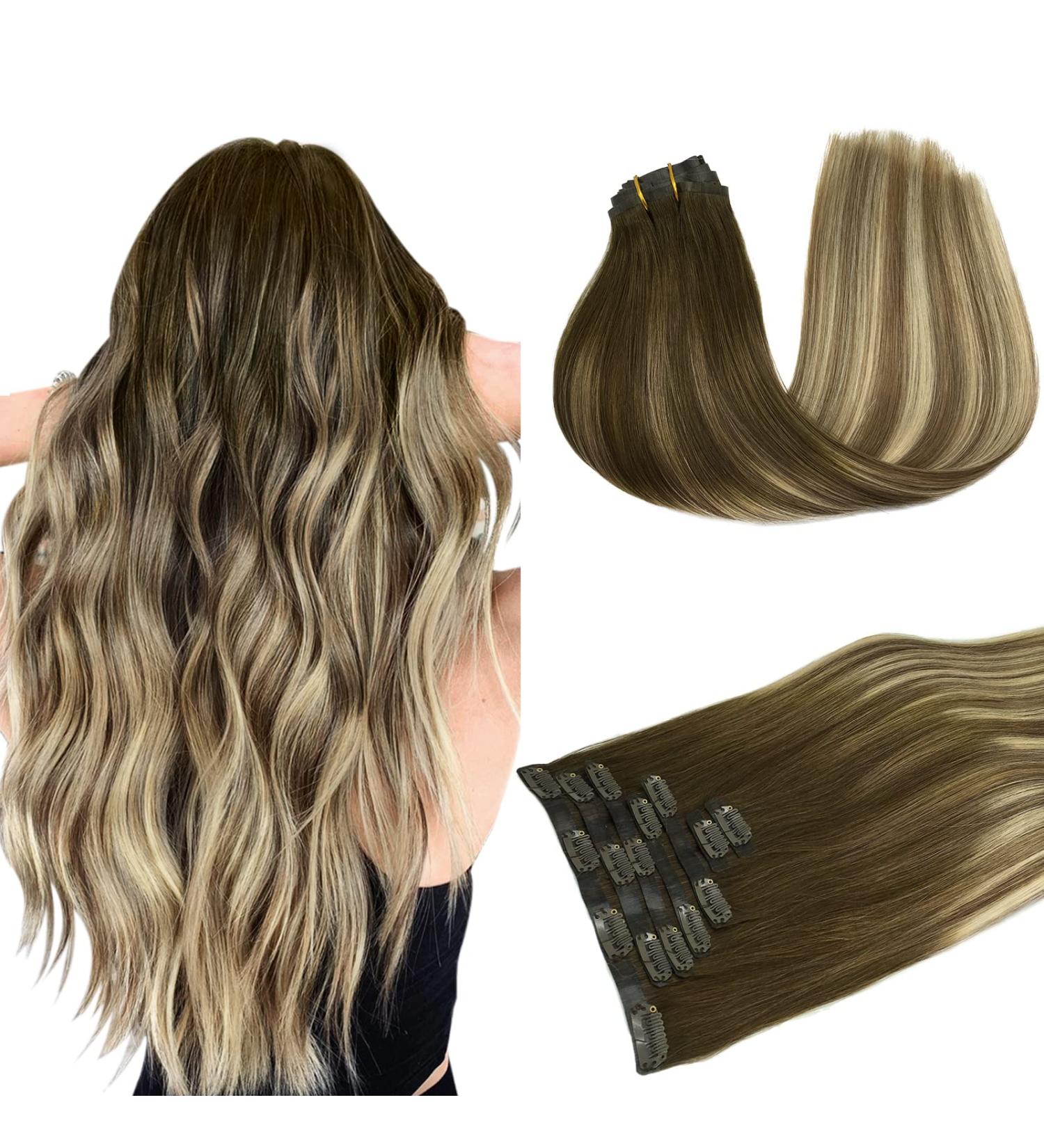 Doores Seamless Clip In Extensions - Real Hair Walnut Brown to Ash Brown & Bleach Blonde 40cm/16in 7 Pieces 110g Remy Human Hair - Buy Online on GoSupps.com