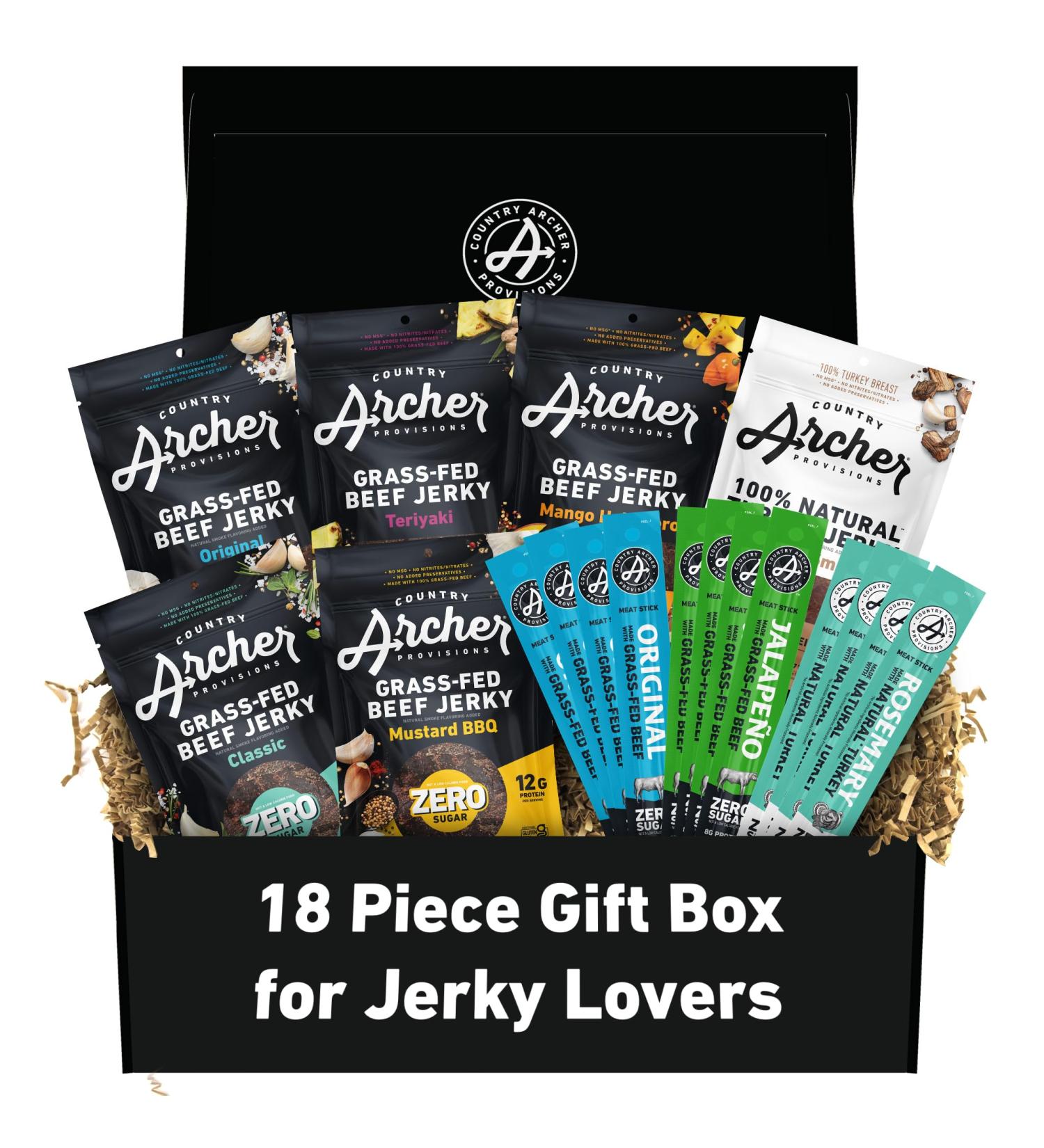 Jerky Gift Box - Country Archer Grass Fed Jerky - 18pk - One of Everything - Easter Basket Gifts - Gifts for Men - Gifts for Husband - Meat Snack Sampler Gift Box 40.95 g (Pack of 18) - Buy Online on GoSupps.com