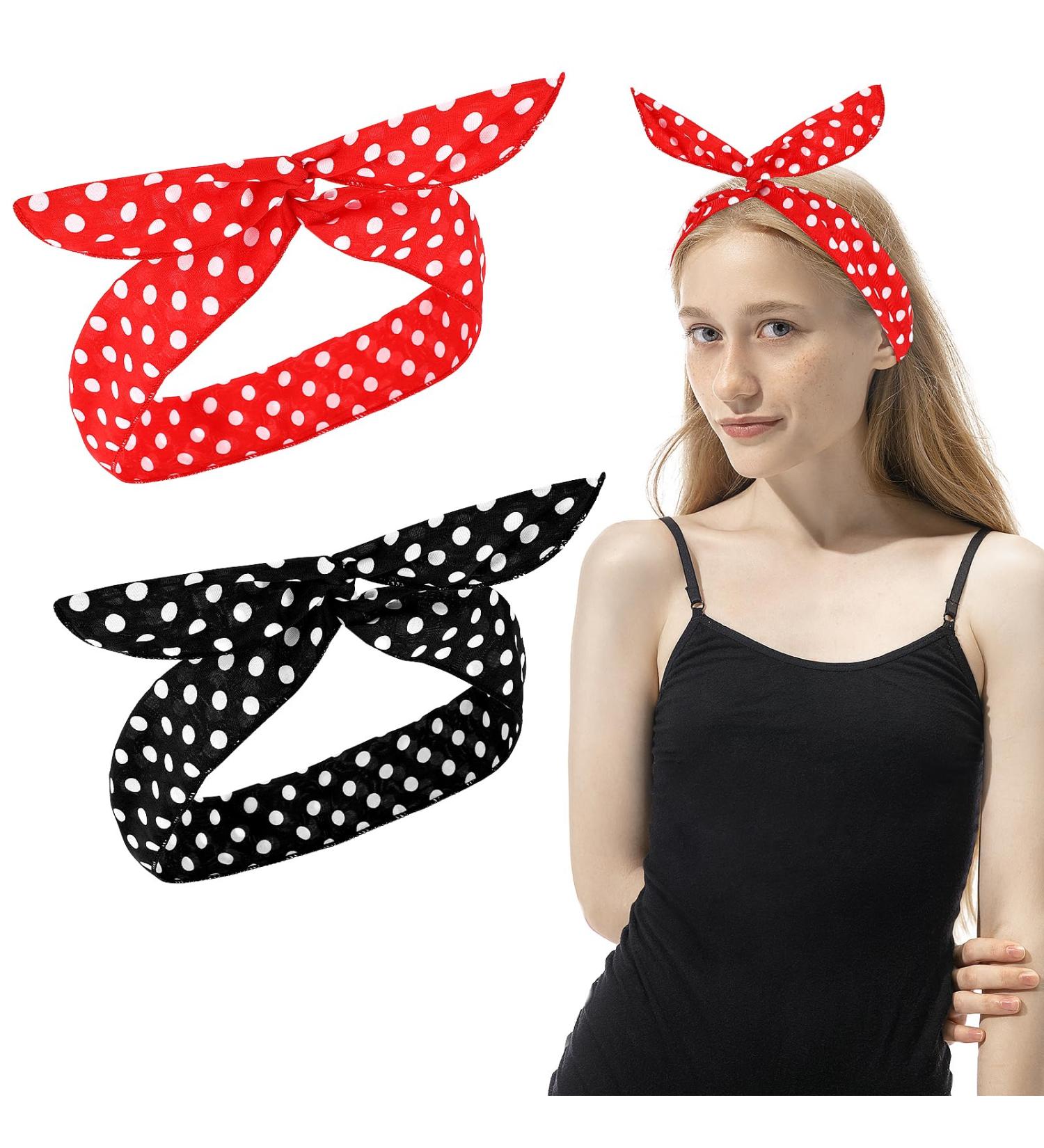 2 Pieces Polka Dot Headbands Sibba Rabbit Ear Bow Headwraps Retro Bandana Christmas Dress Up 50s Wire Headband Vintage Print Hairband Cute Knotted Hair Accessories for Women Girls - Buy Online on GoSupps.com
