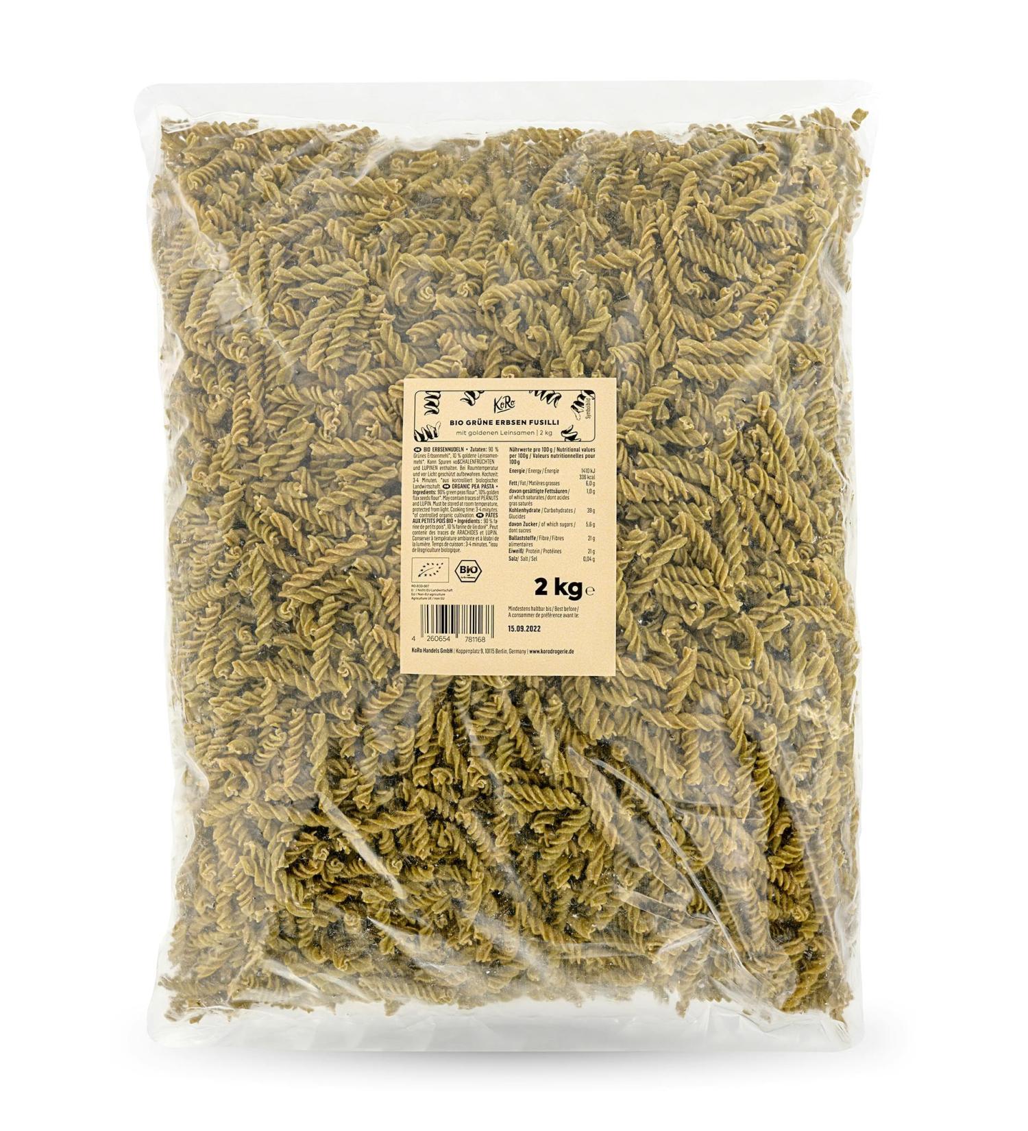 KoRo - Organic green pea fusilli 2 kg - Pasta made from pea flour and flax seeds - High in protein - Large 2kg pack - Buy Online on GoSupps.com