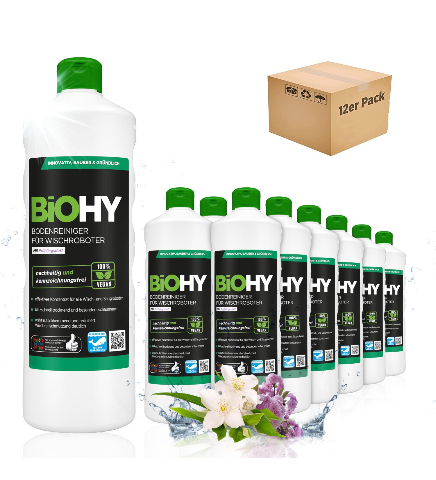 Biohy floor cleaner for wiping robot with fresh spring fragrance (12 x 1 liter) |Cleaning agent concentrate for all wiping robots |Foam arm & strip -free |Sustainable 1: 200 concentrate of fresh spring fragrance 1 l (12 pack)