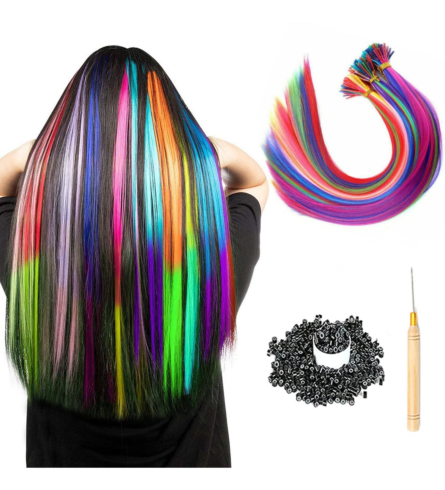 OTO BELLA 90-100Pcs Rainbow Hair Extensions Kit - 21Inch Colored I Tip Hairpieces for Women & Kids - Cosplay Dress Up Party Highlights - Includes 10 Colors & Extension Tools - Buy Online on GoSupps.com