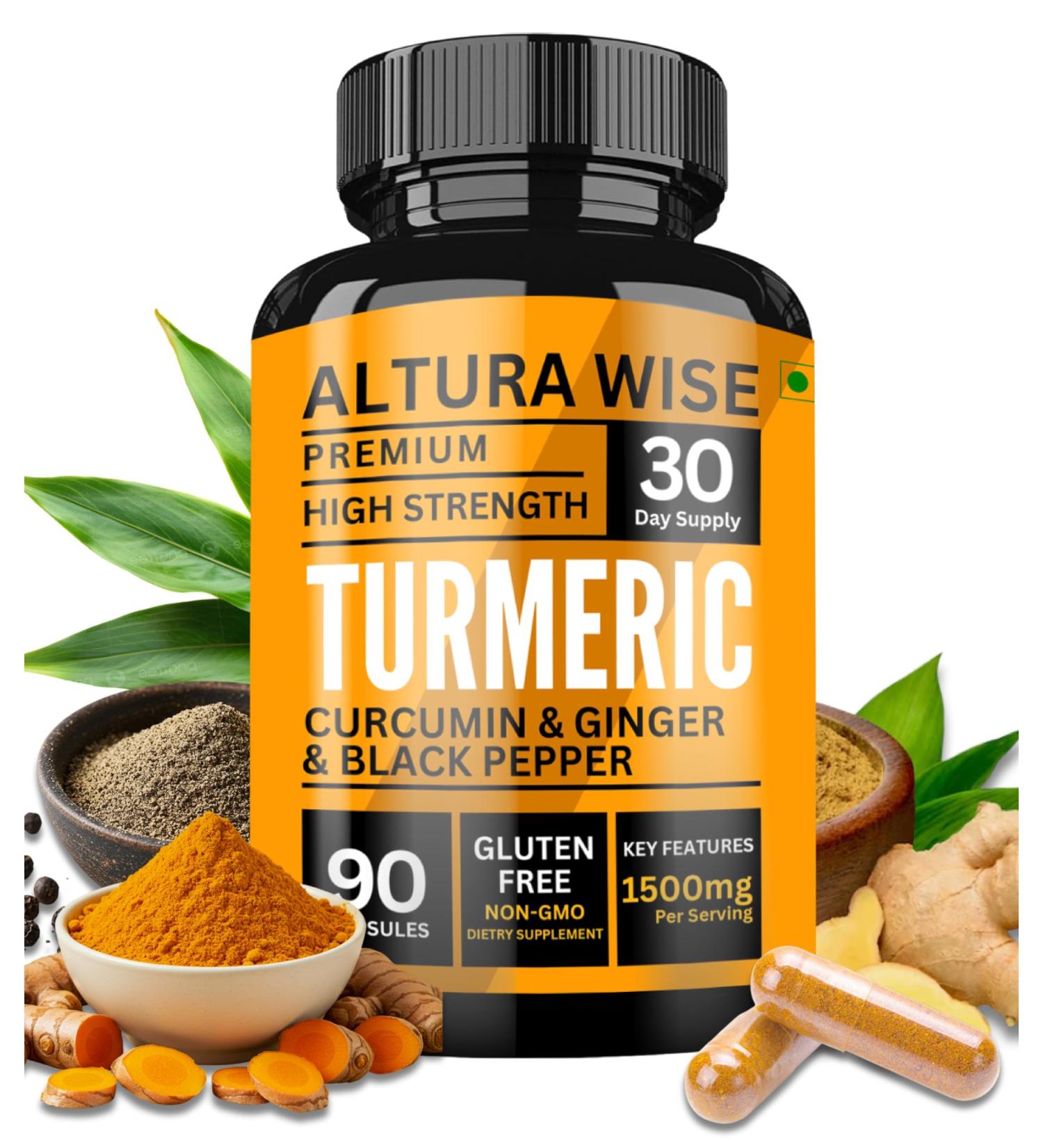 AlturaWise 4 in 1 Organic Turmeric Capsules High Strength and Black Pepper with Active Curcumin with Ginger 1500mg - Advanced Tumeric - Each 90 Veg Capsule is Organic (3 Capsules per Serving) - Buy Online on GoSupps.com
