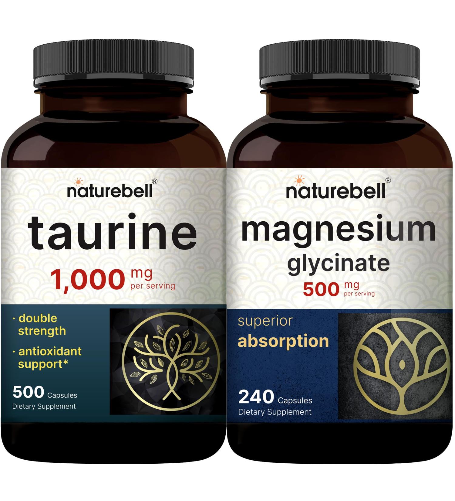 NatureBell Magnesium Glycinate Capsules 500mg & Taurine Capsules 1,000mg Per Serving Bundle Pack | Chelated & Purified Mineral | Essential Amino Acids Supplement - Buy Online on GoSupps.com