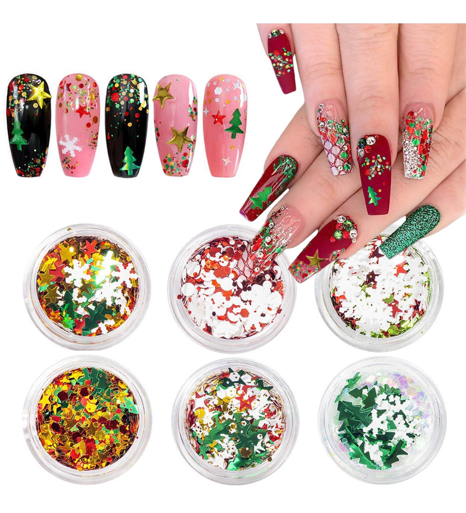 Kalolary 6 Boxes Christmas Nail Sequins Glitter | 3D Nail Art Stickers & Face Body Glitter for DIY Holiday Decor - Buy Online on GoSupps.com