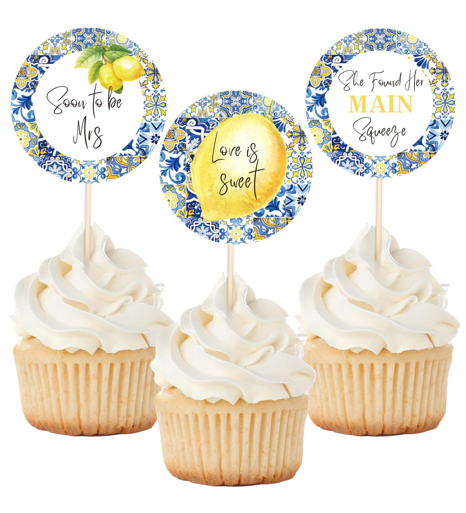 AnyDesign 24Pcs Blue White Tiles Lemon Cupcake Topper Sweet Fruit Theme Summer Lemonade Cupcake Picks for Wedding Engagement Bridal Shower Bachelorette Party Decorations - Buy Online on GoSupps.com