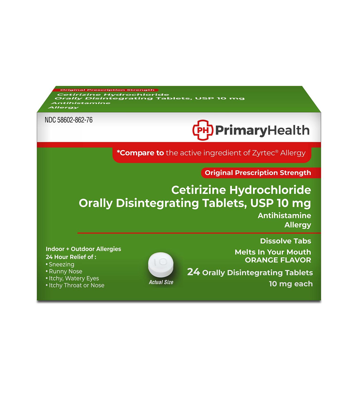 Primary Health Cetirizine HCl 10mg ODT 24 Count - Pack of 1 | Fast-Acting Allergy Relief - Buy Online on GoSupps.com