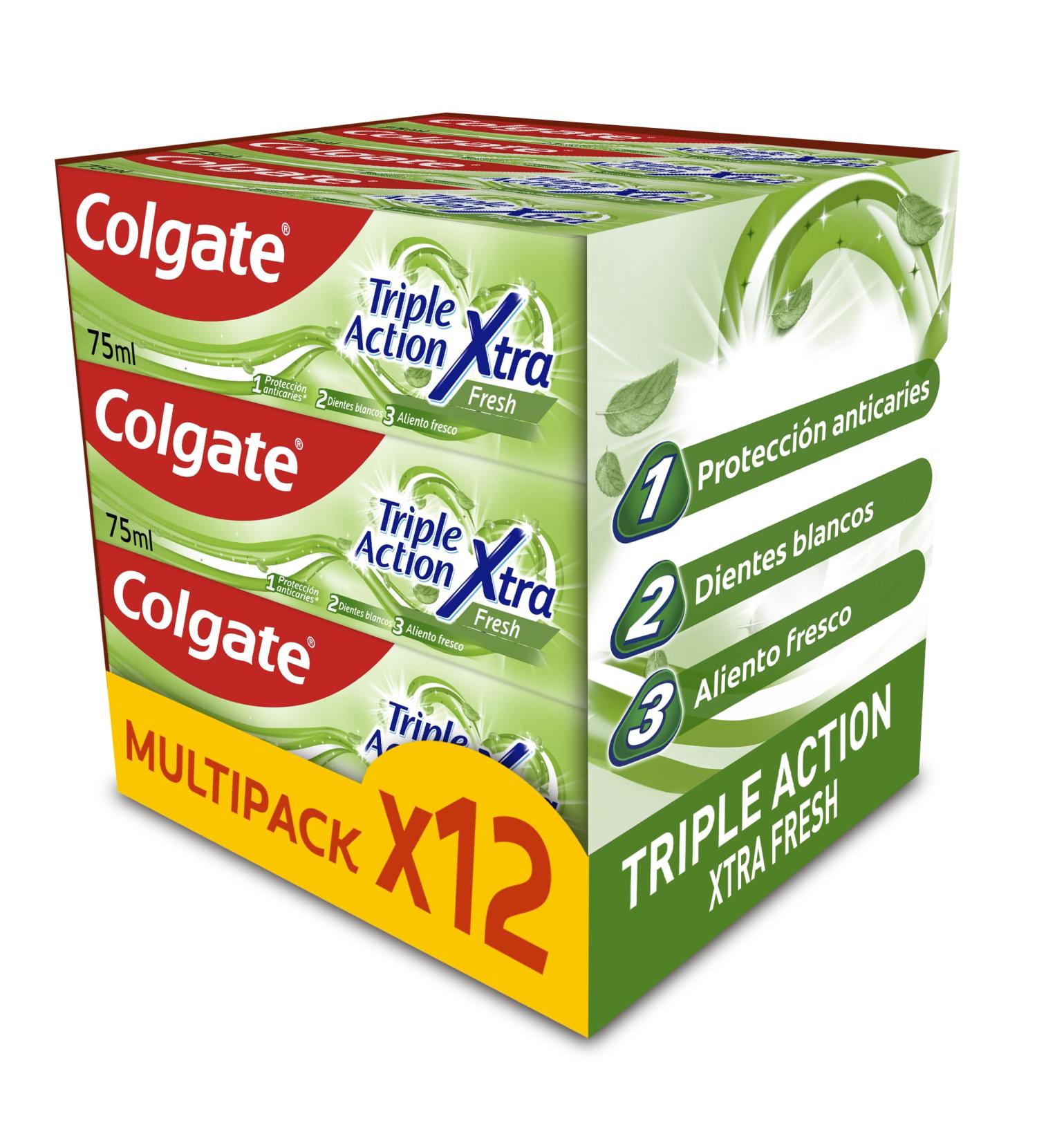 Colgate Triple Action Xtra Fresh Toothpaste - 12 x 75ml | Fluoride Protection Cavity Defense Whiten Teeth & Fresh Breath for the Whole Family - New Version - Buy Online on GoSupps.com